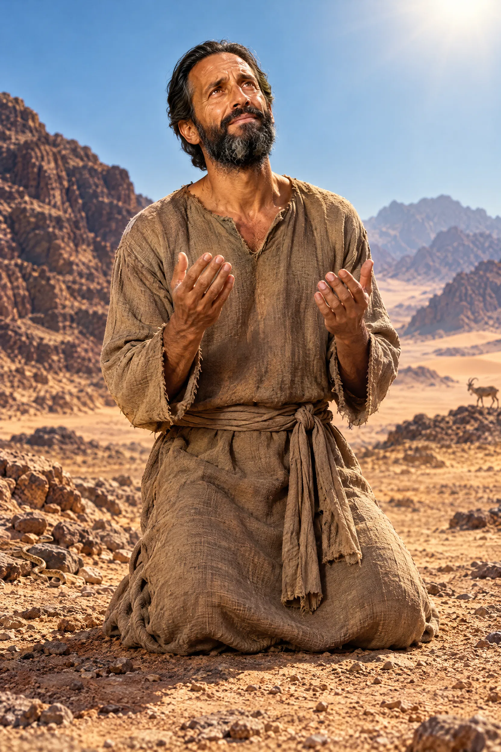 Paul Kneels in Prayer in the Arabian Desert