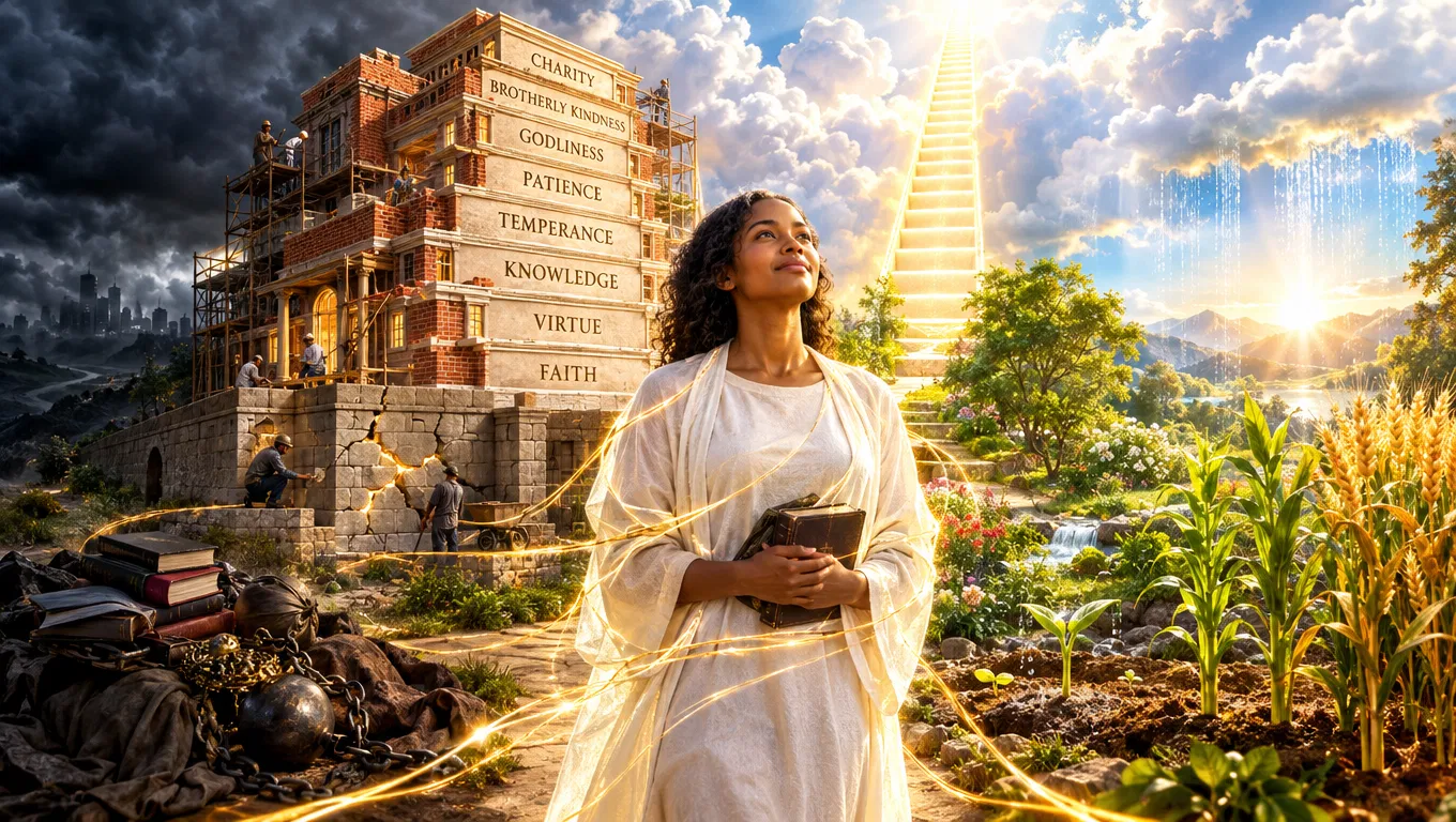 Woman Holding a Bible Beside a Tower of Virtues