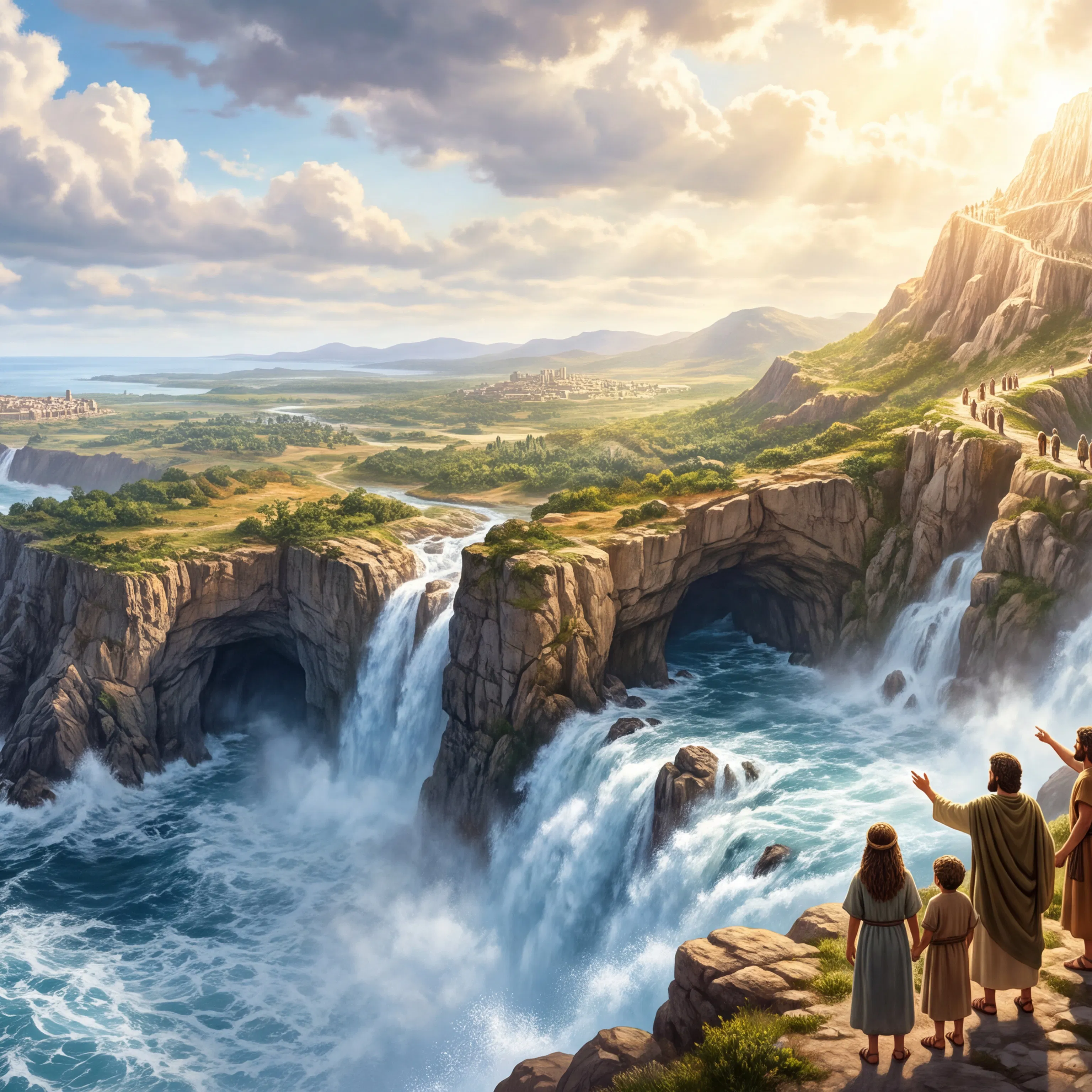 Travelers on a Cliff Path Above Waterfalls and Sea