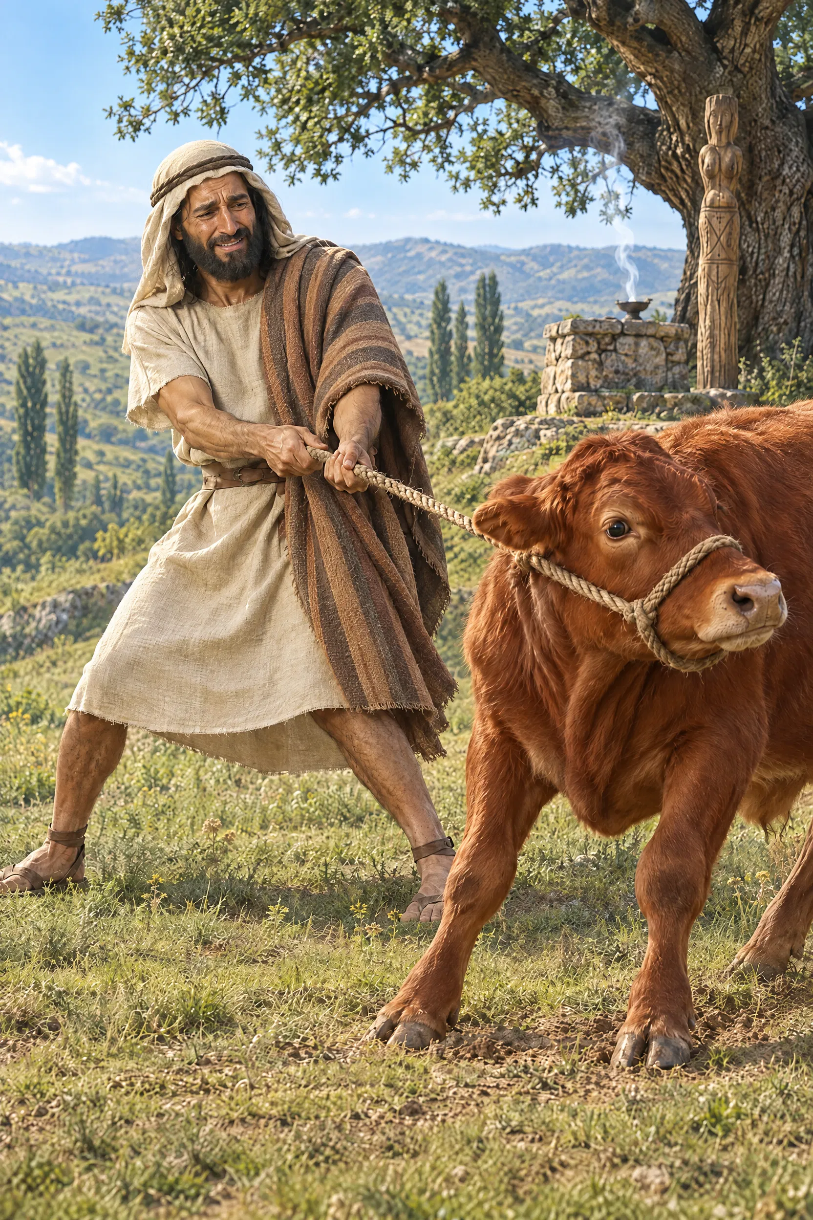 Hosea Pulling a Stubborn Heifer Toward a Shrine
