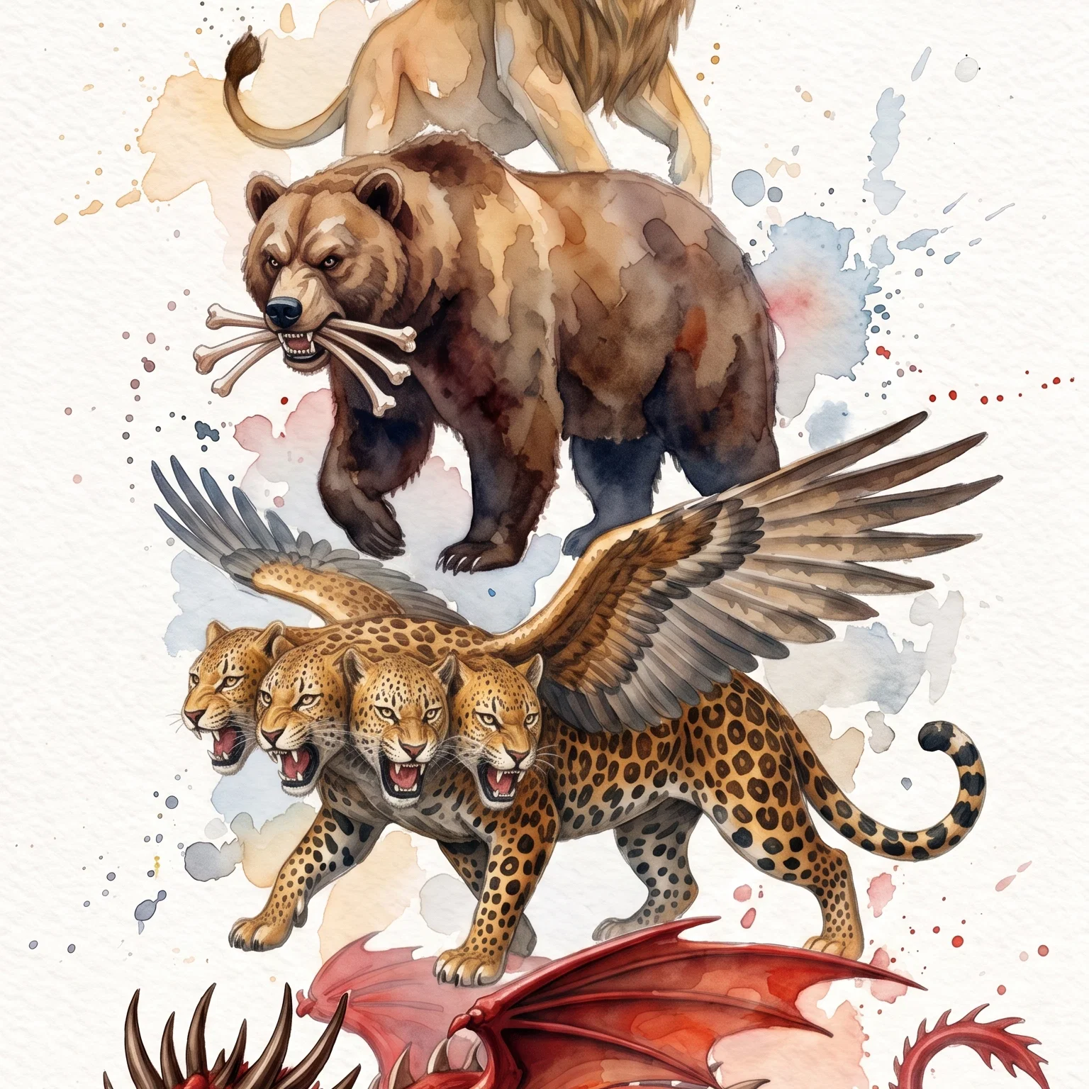 The four beasts of Daniel 7 - Watercolor