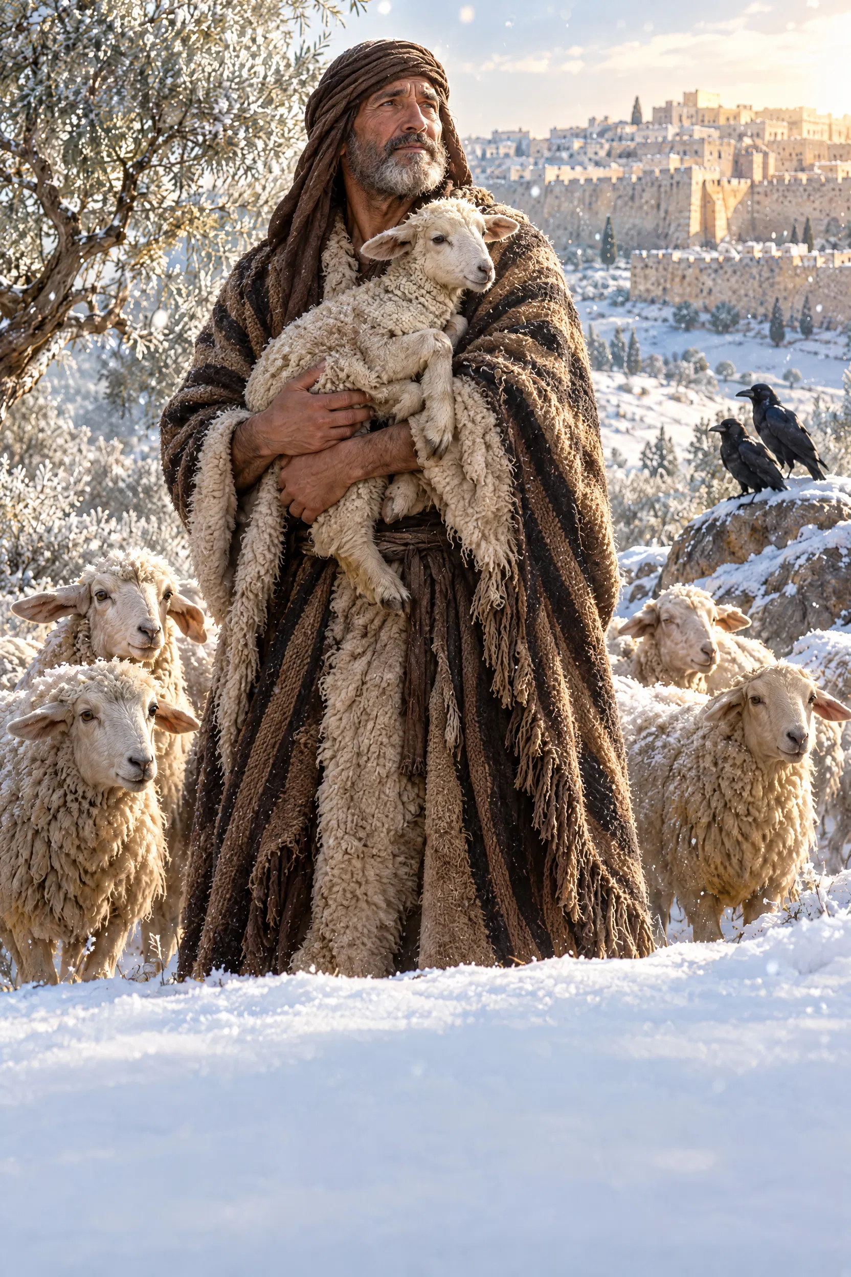 Shepherd With a Lamb in the Snow Near Jerusalem
