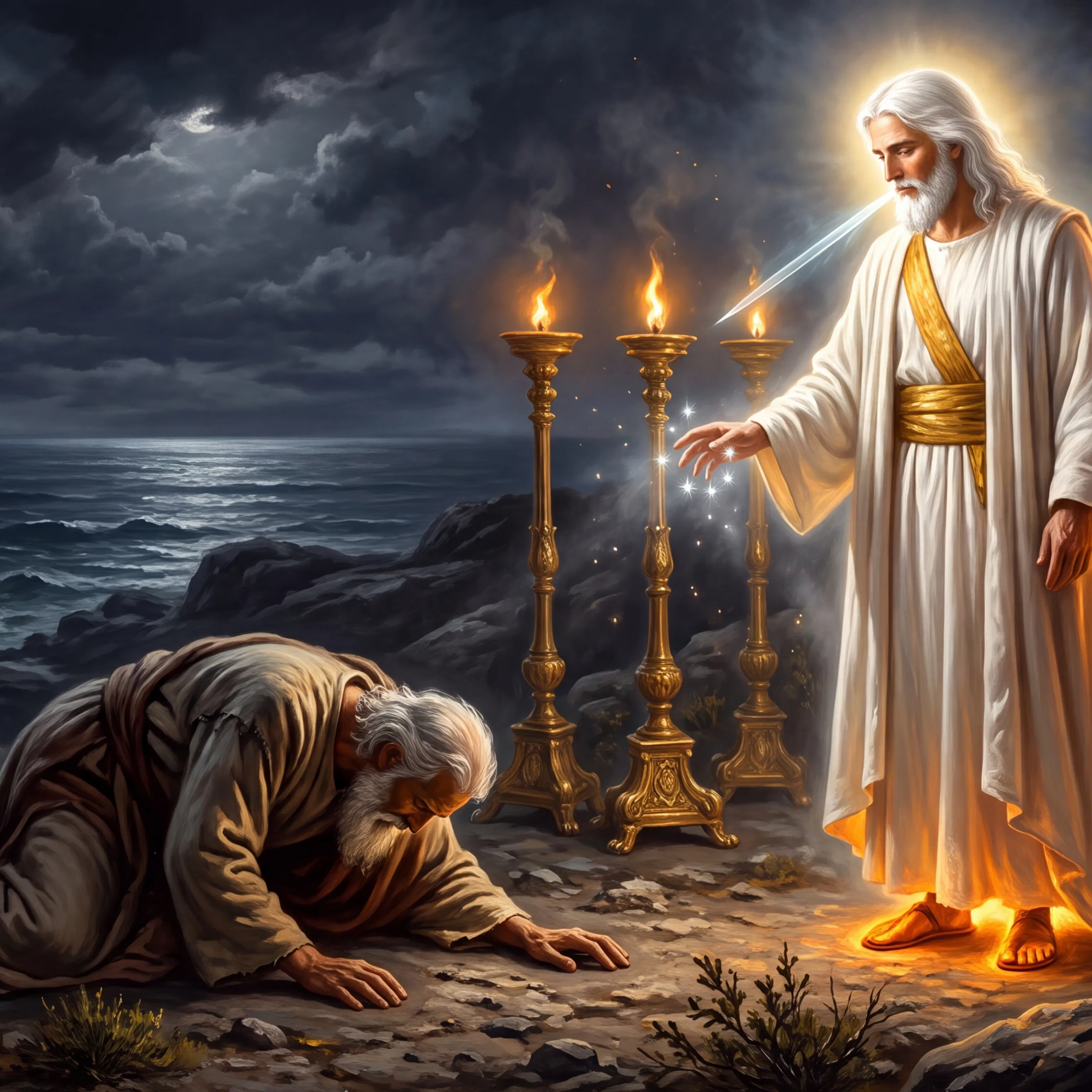 John Falls Before the Glorified Christ Among Lampstands