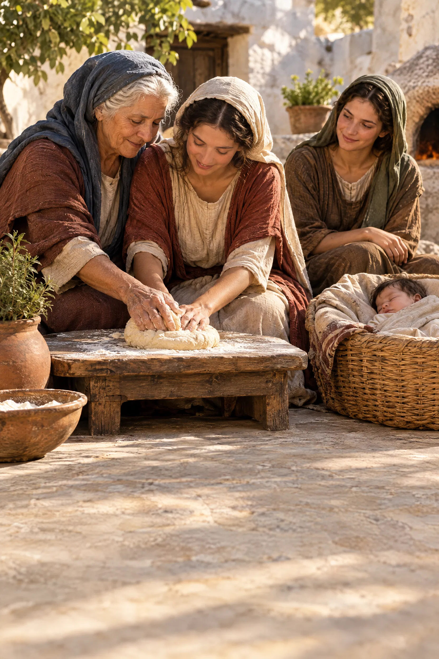 Older Woman Teaches a Young Mother to Knead Bread