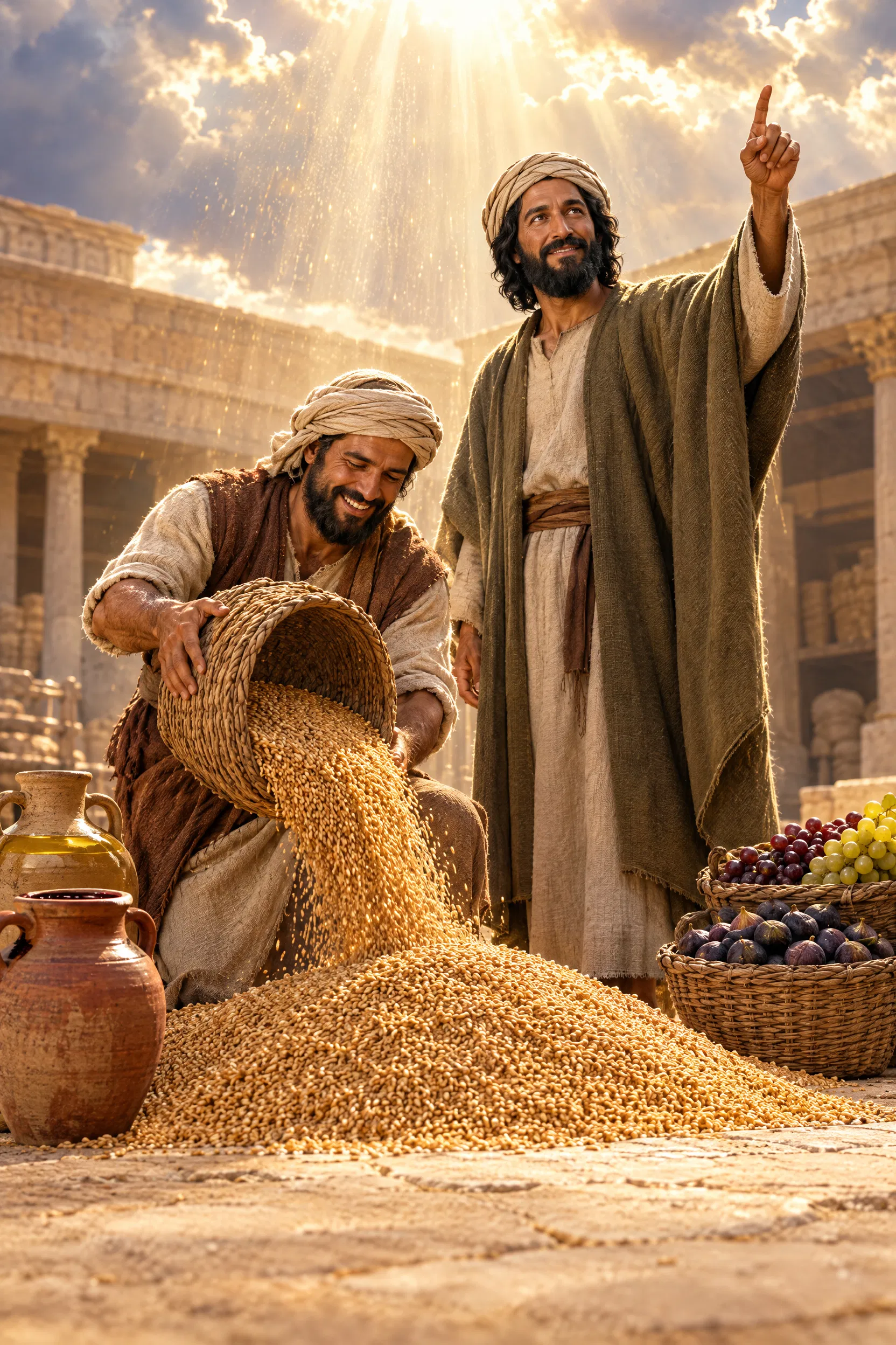 Farmer Pouring Out Tithe Grain Beneath Opened Heavens