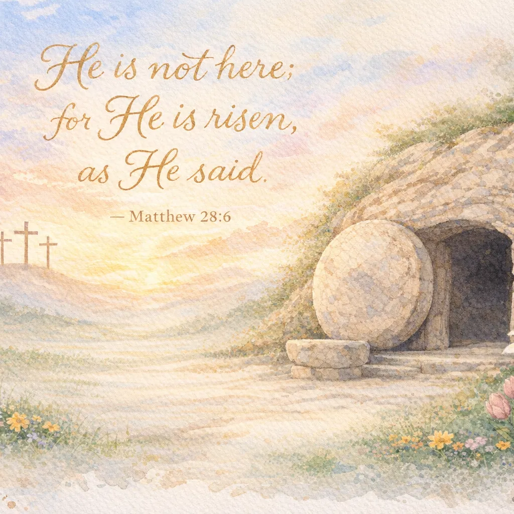 Empty Tomb with He Is Risen Text