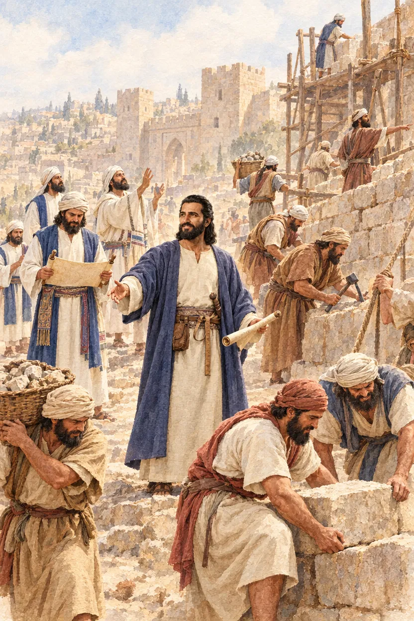 Nehemiah Directing the Rebuilding of Jerusalem's Walls