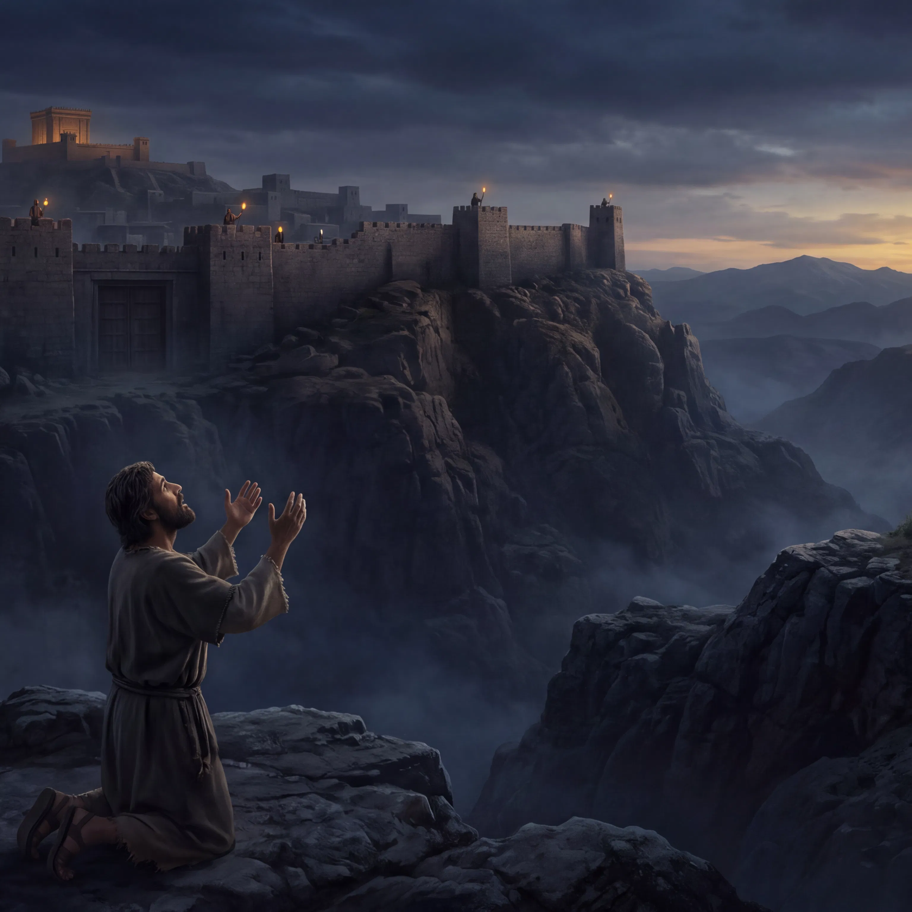 Man Kneels in Prayer Below a Fortified City