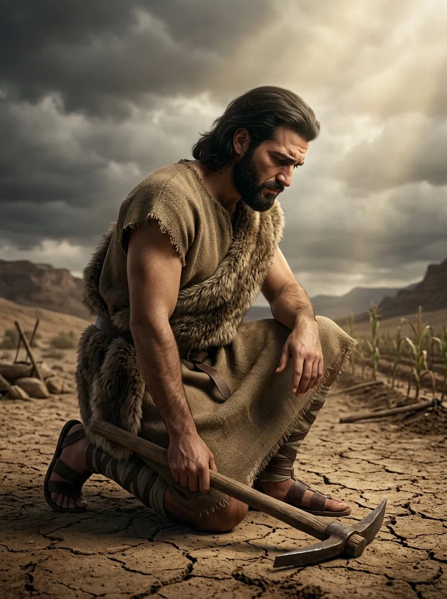 Cain Kneeling in a Dry Field with a Pickaxe