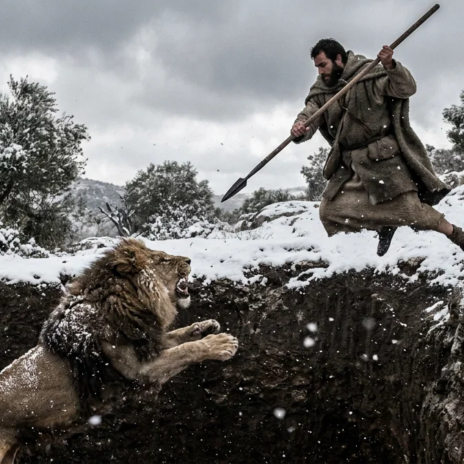 Benaiah Confronting the Lion in Snow