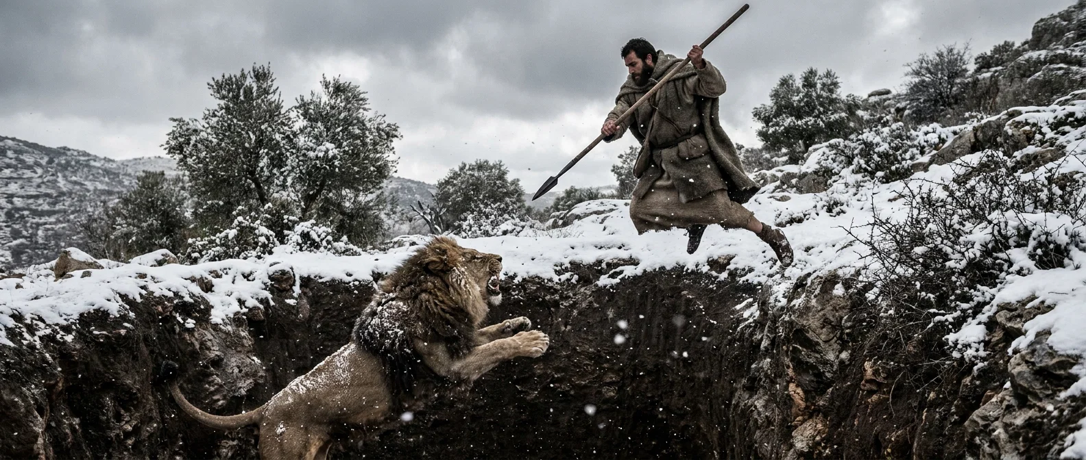Benaiah Confronting the Lion in Snow
