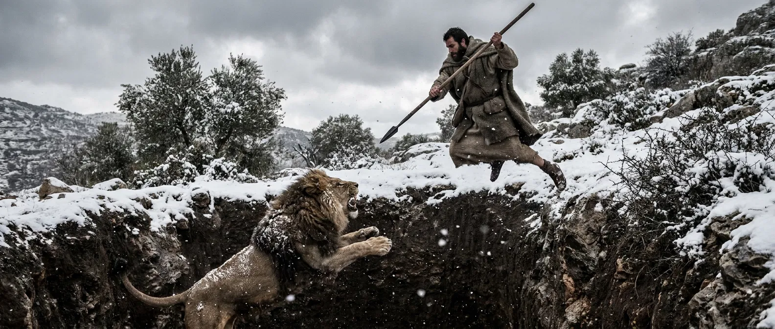 Benaiah Confronting the Lion in Snow