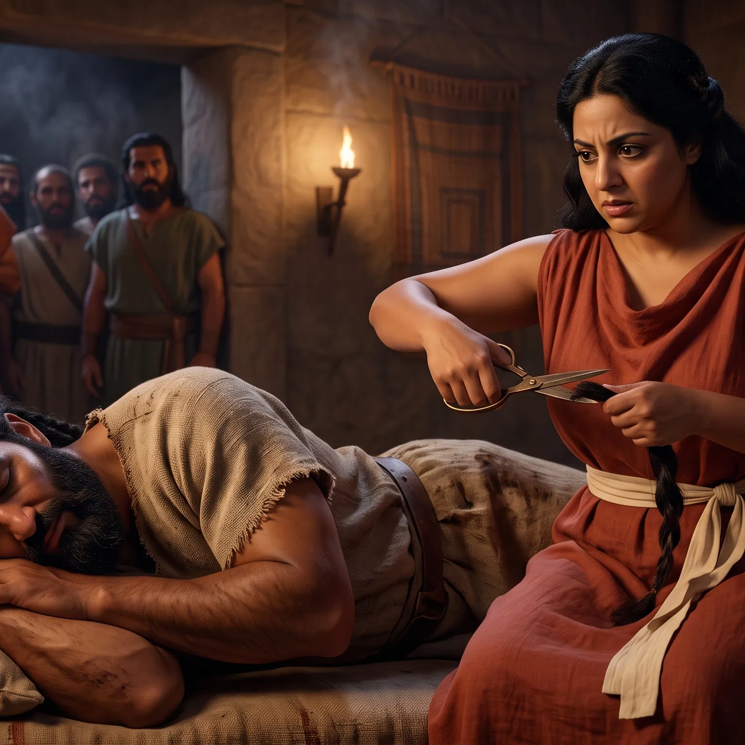 Delilah Cuts Samson's Braid with Scissors