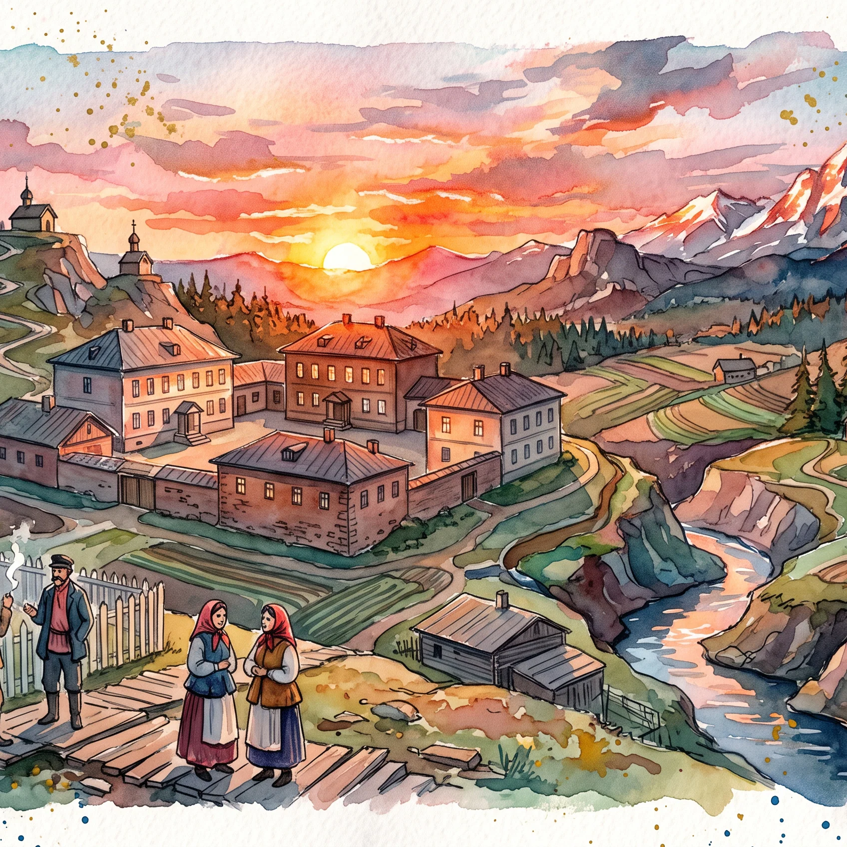 Twilight Glow Over A Russian Village