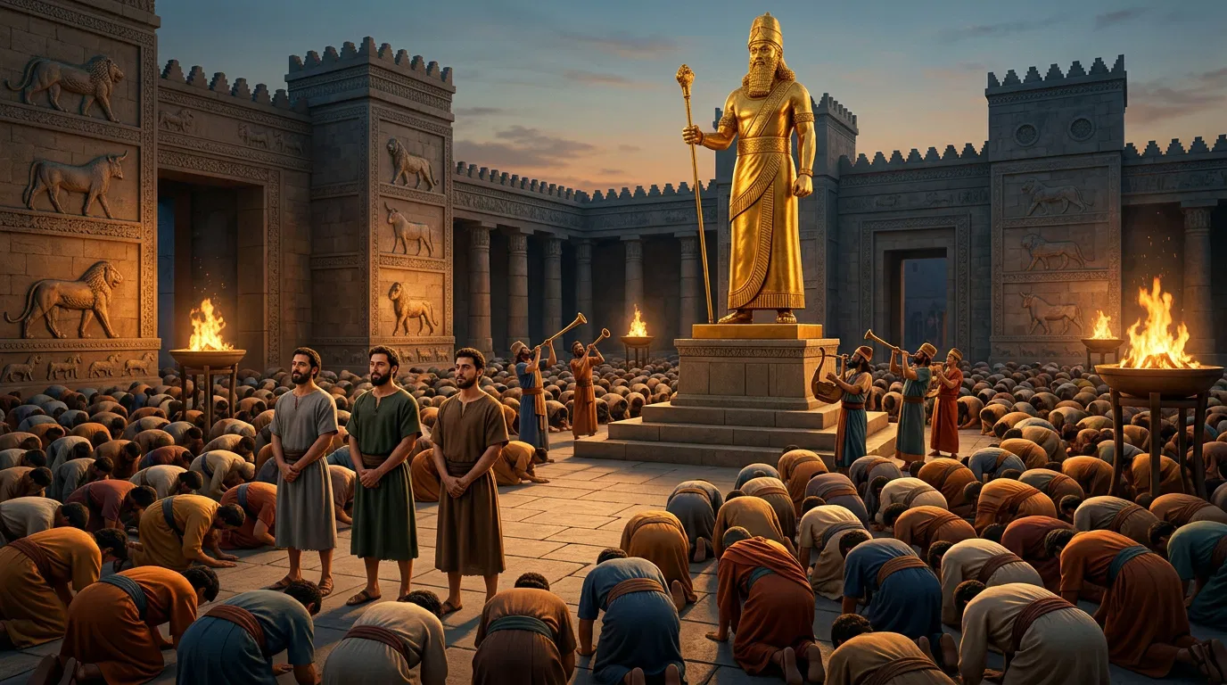 Three Men Stand as a Crowd Bows to the Image