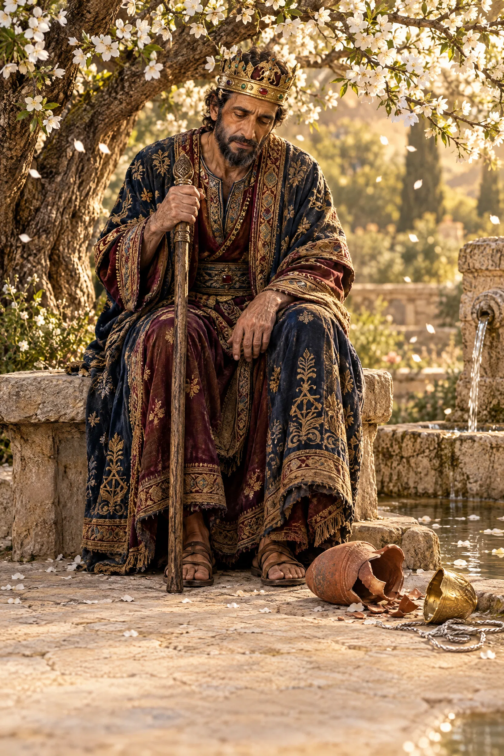 Aged Solomon Beneath the Almond Tree Beside the Fountain