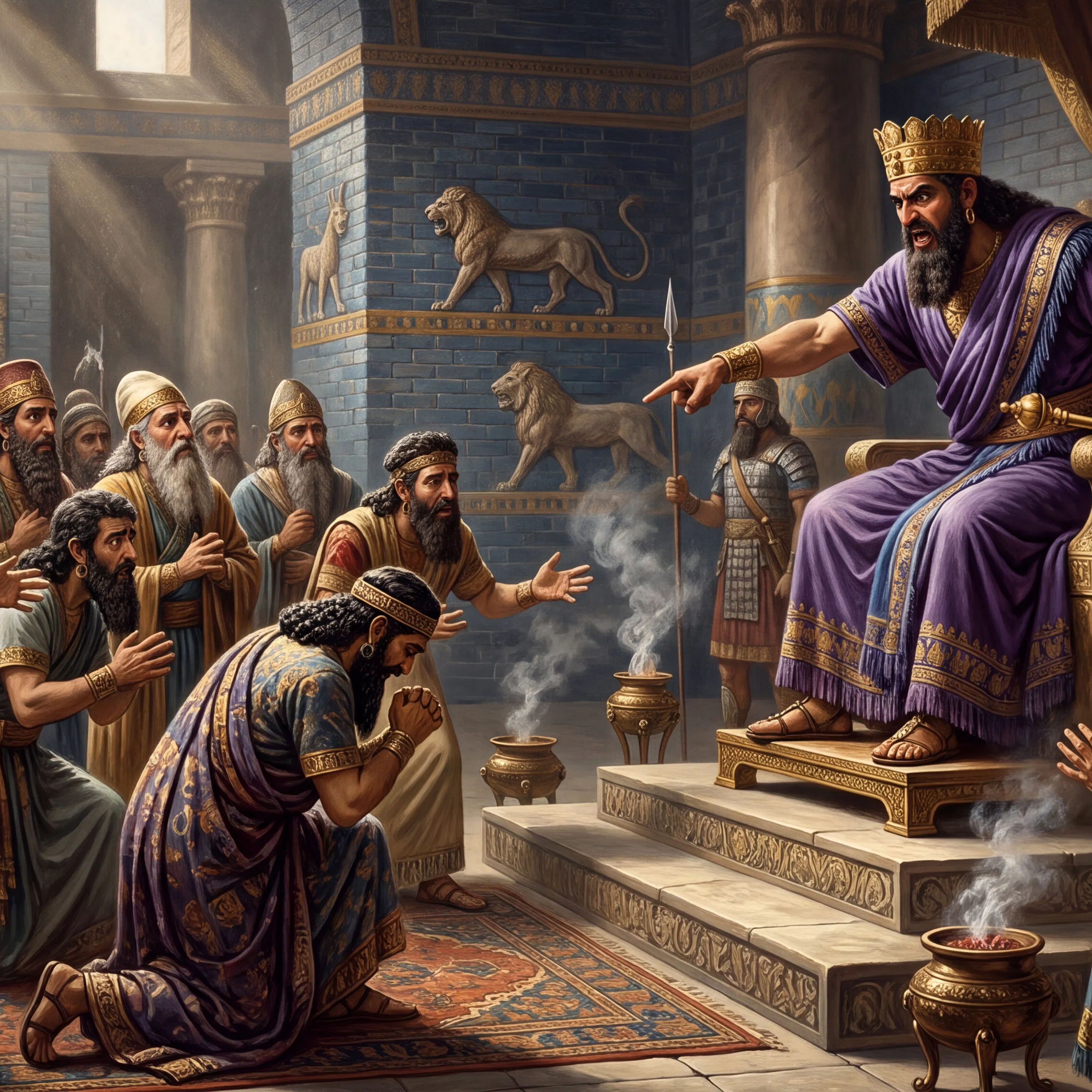 King Nebuchadnezzar Rages at His Kneeling Wise Men