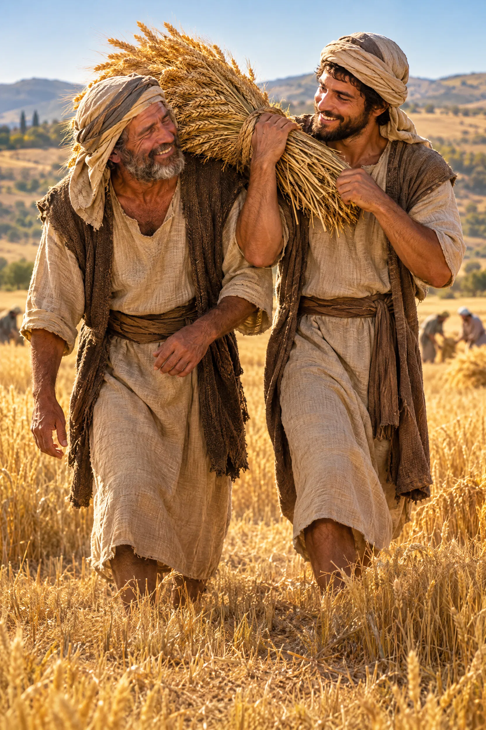 Young Farmer Carries an Older Man's Grain