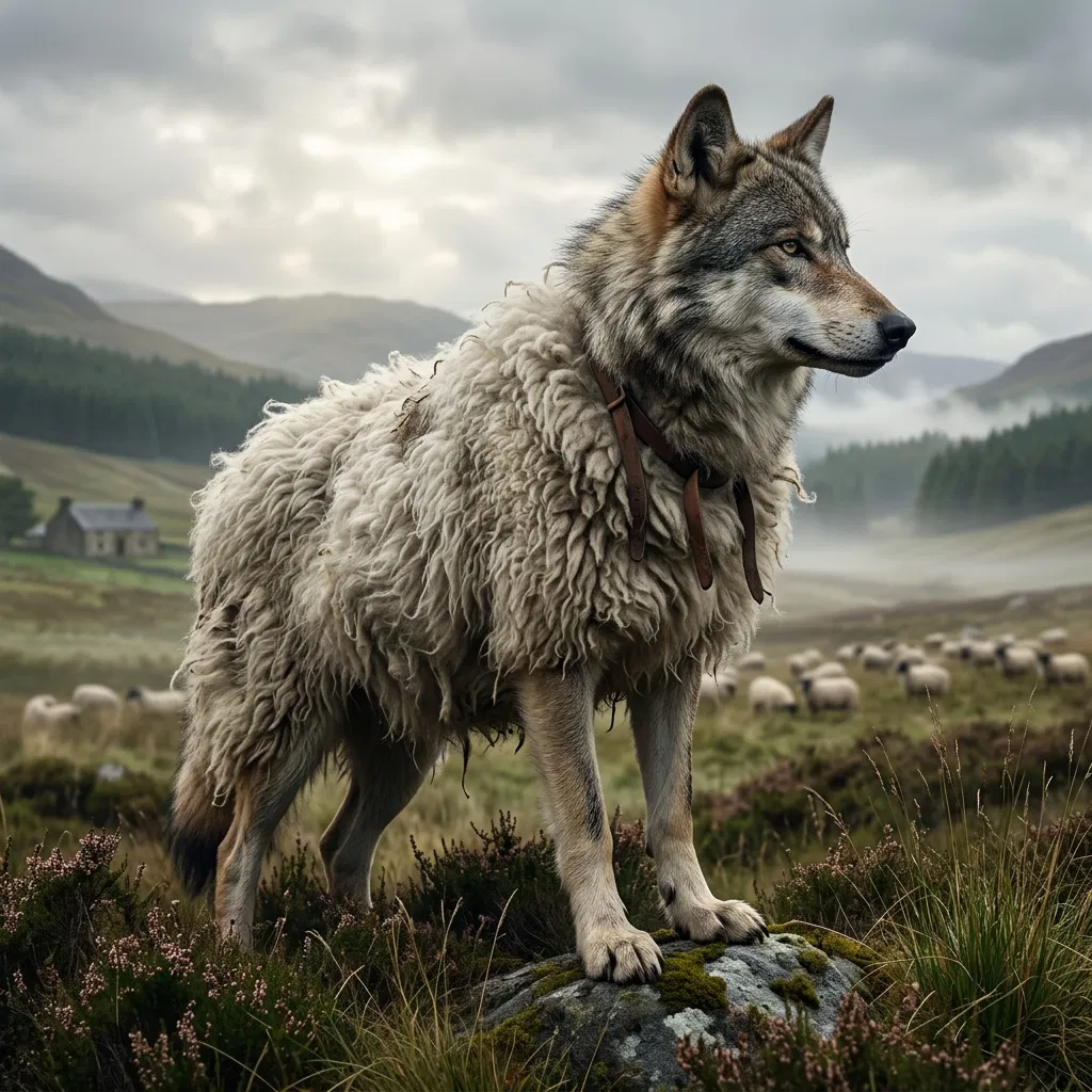 A Wolf Dressed in a Sheepskin on a Hillside