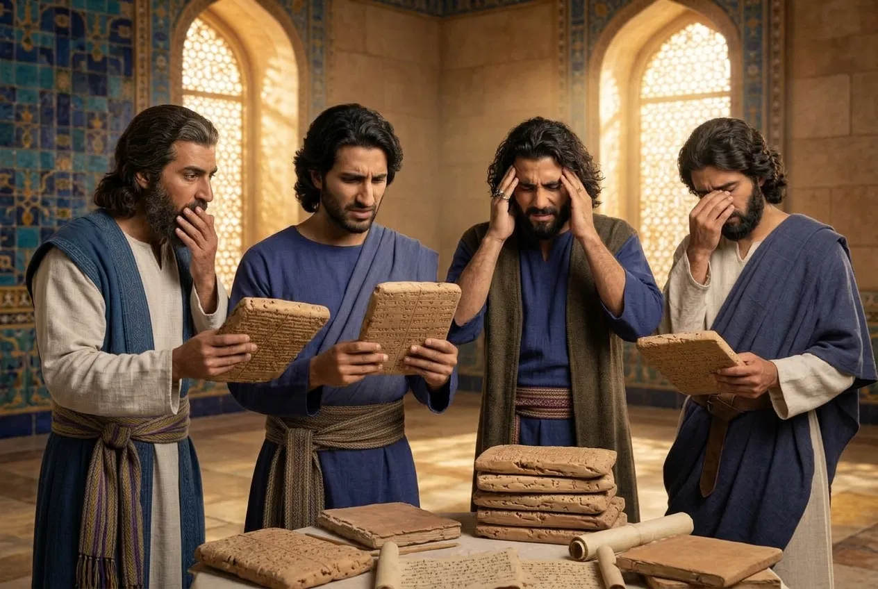 Daniel and Three Friends Studying Clay Tablets