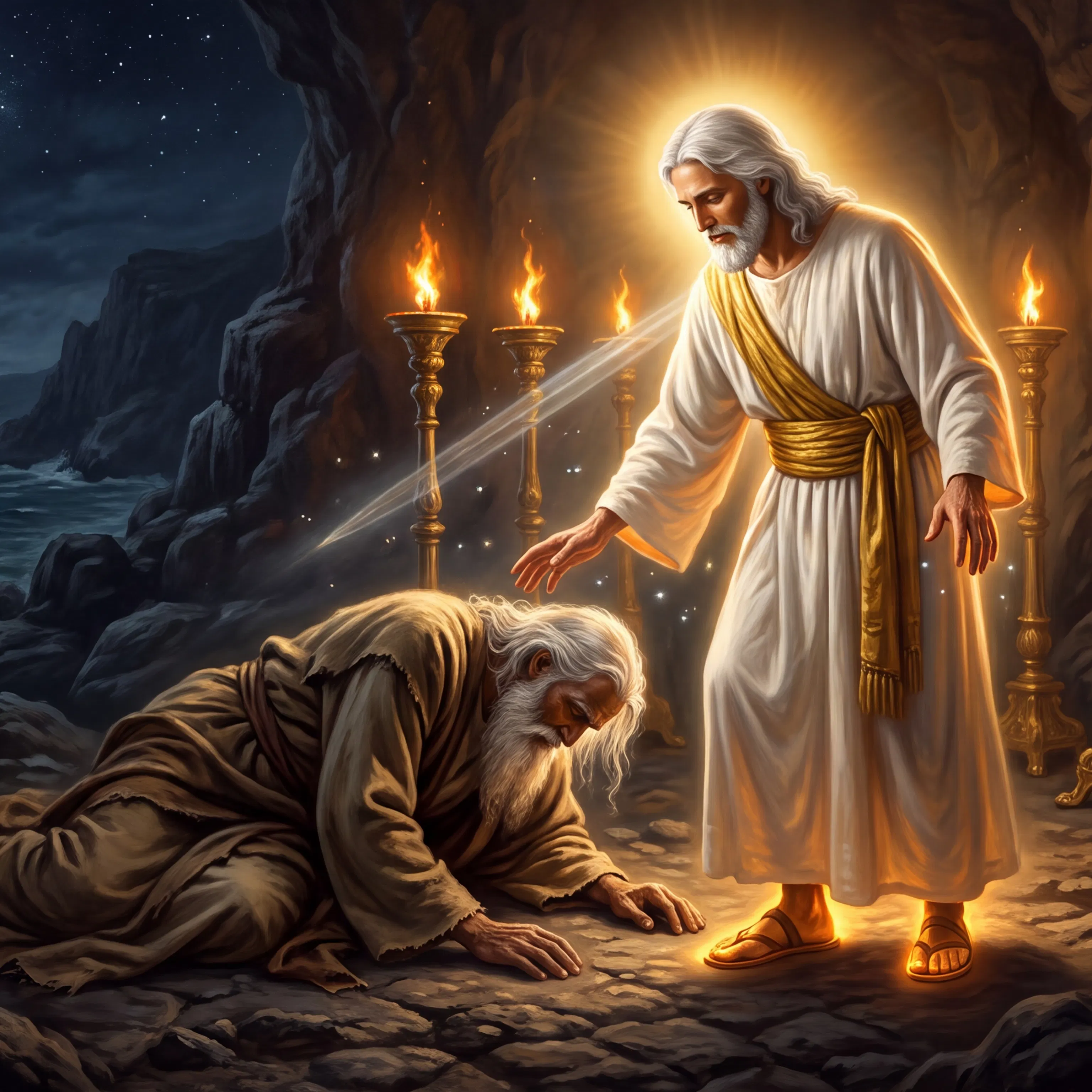 John Falls Before the Glorified Christ on Patmos