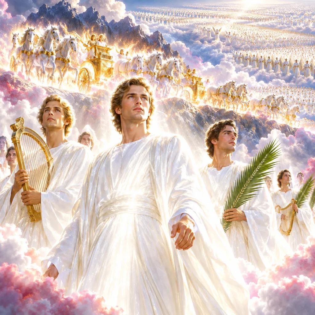 Angels With Harps, Palms and Chariots in Clouds
