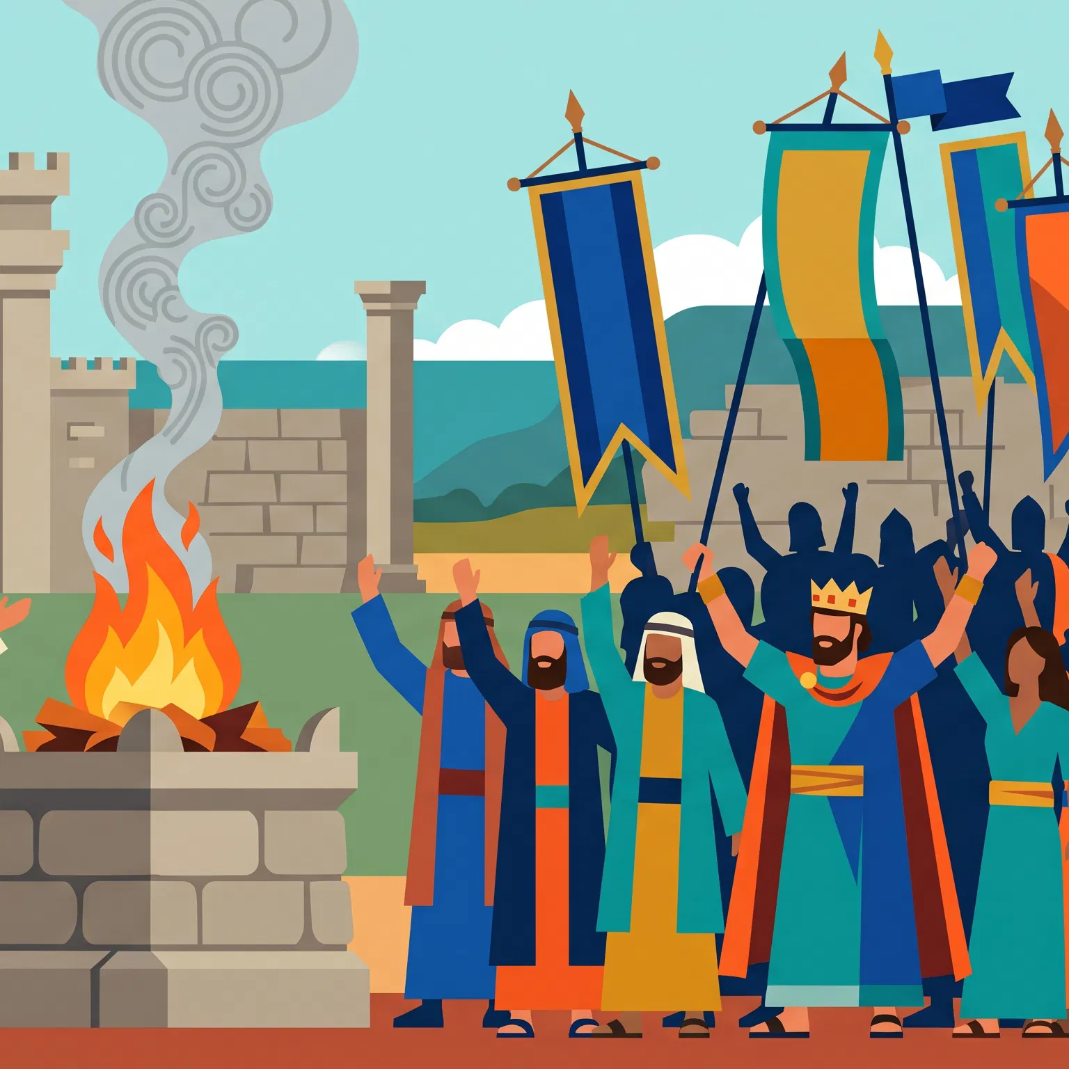 King and People Rejoice Beside Burning Altar Before Temple
