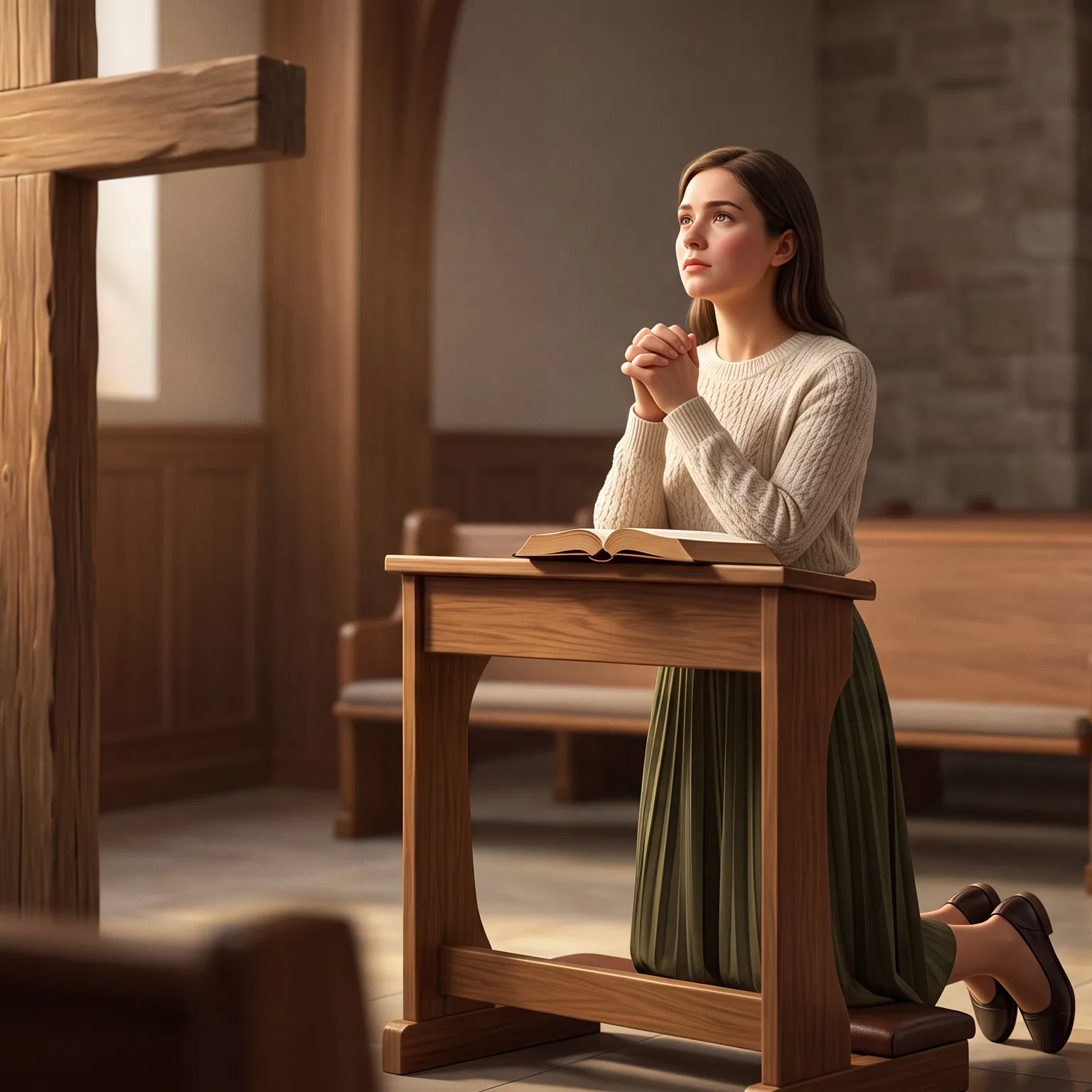 Woman Praying at a Kneeler Before a Cross