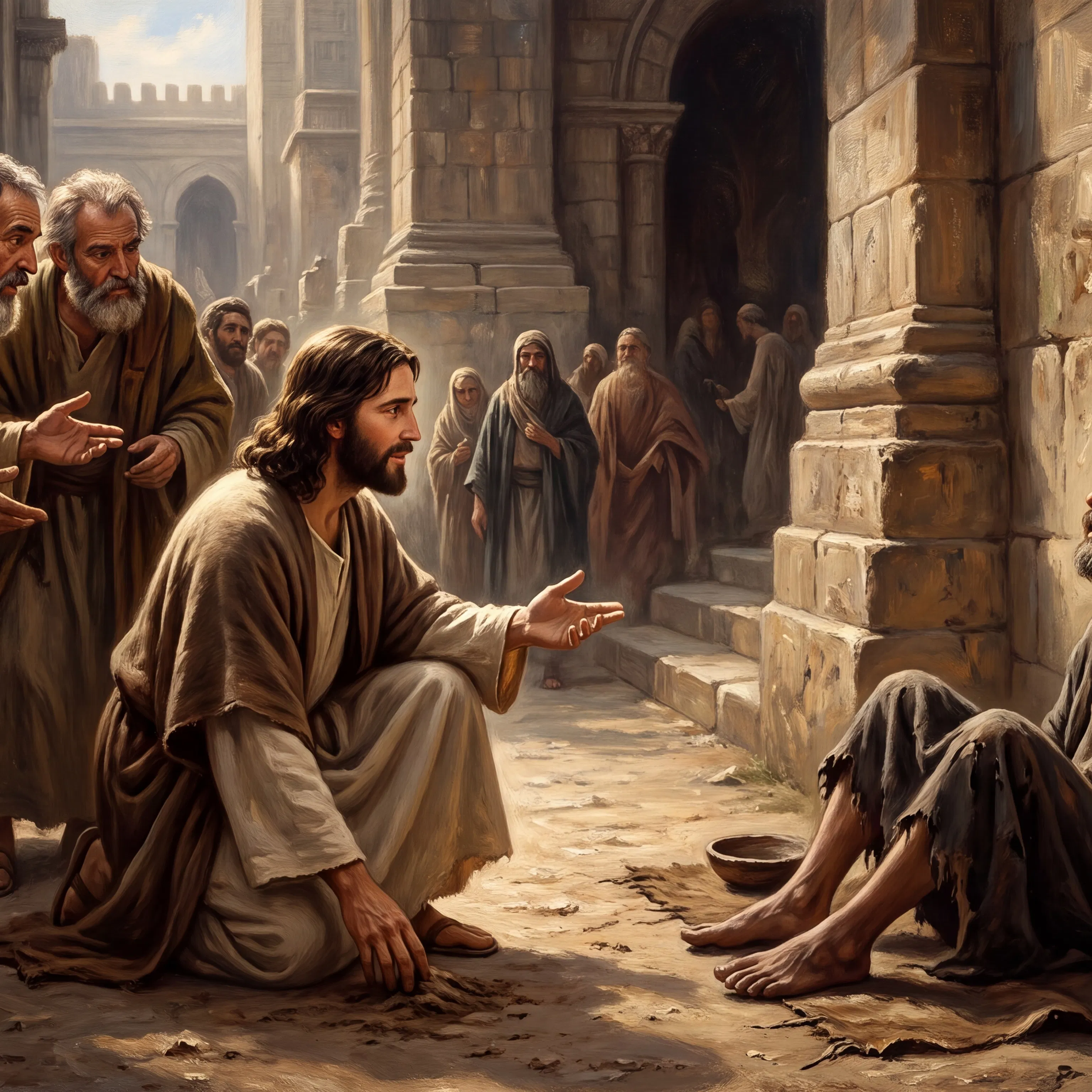 Jesus Kneels Beside a Beggar Seated Against a Wall