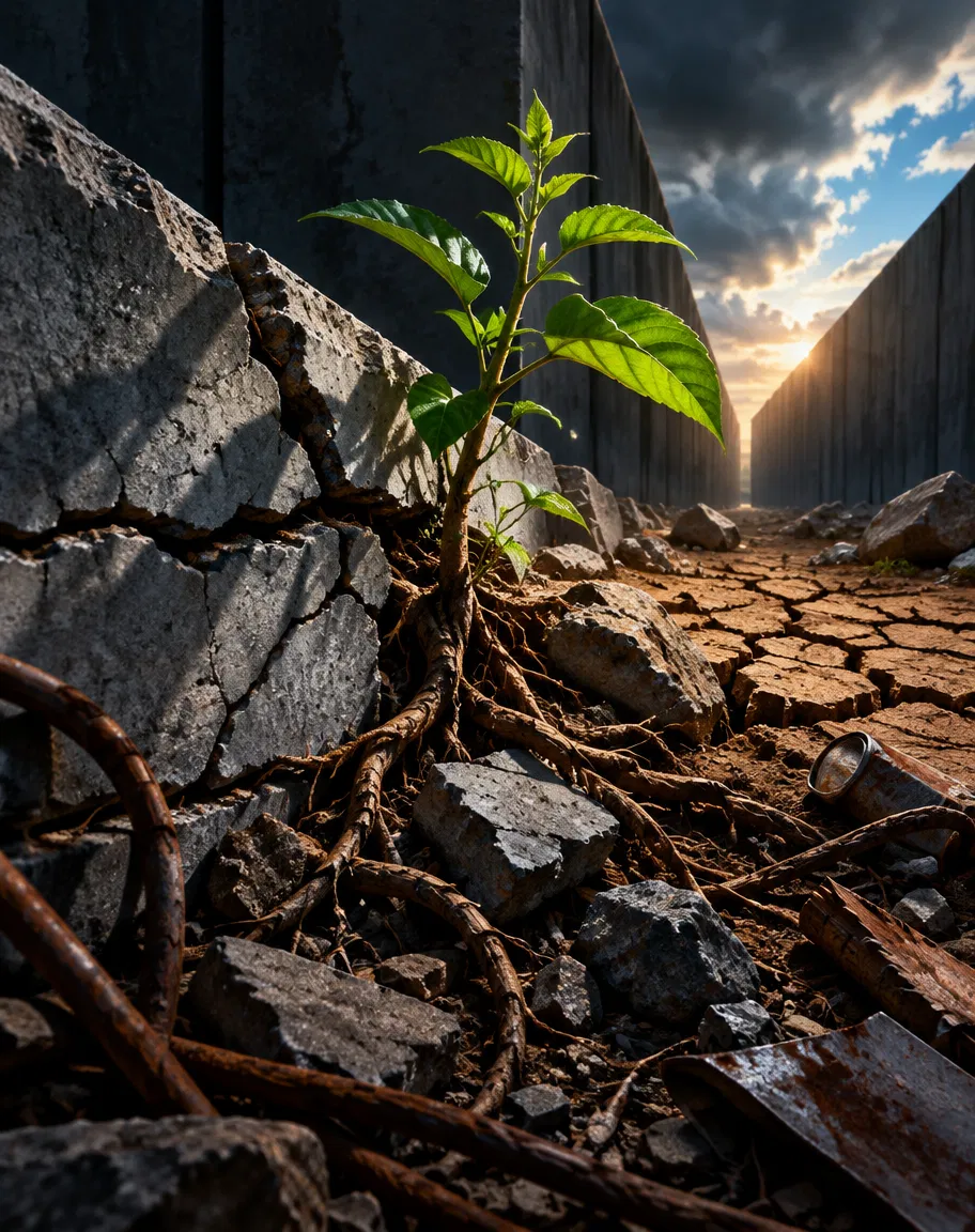 Green Shoot Rising Through a Broken Wall