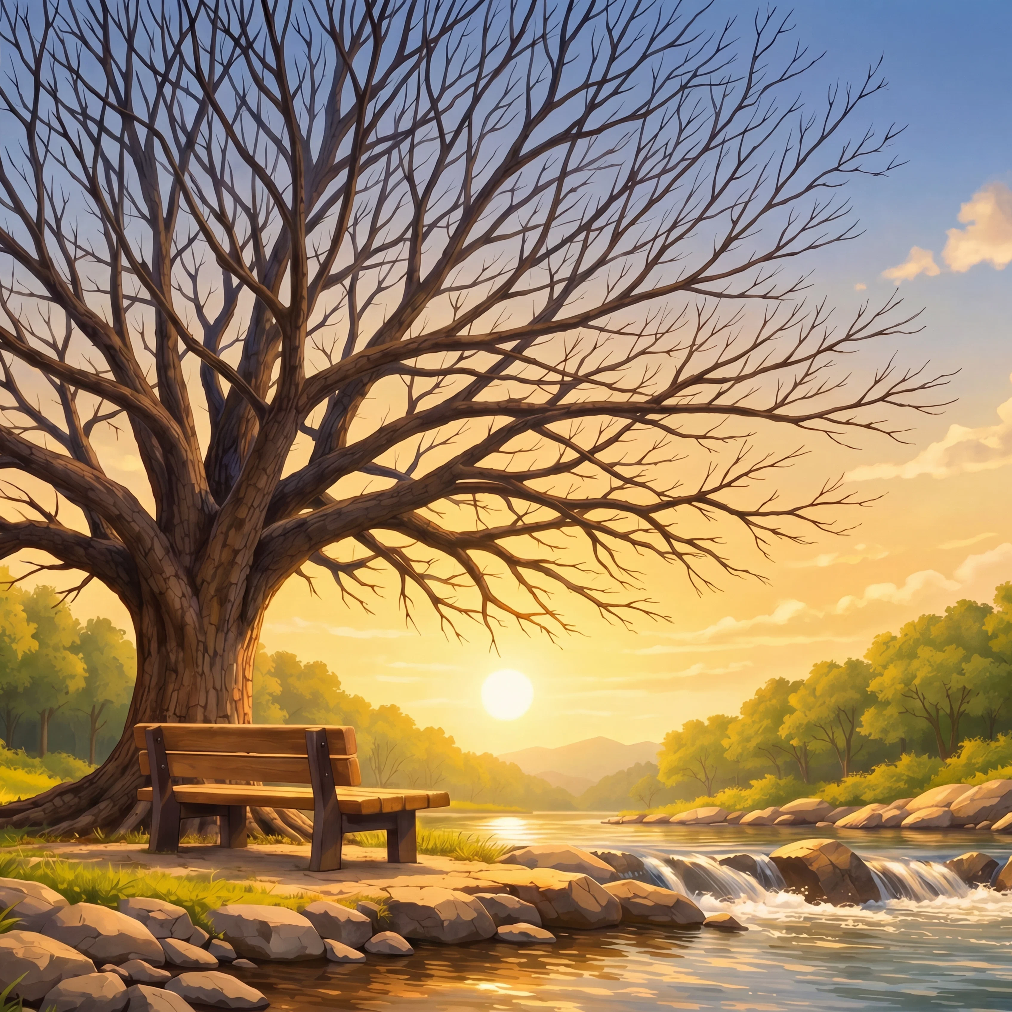 Leafless Tree Beside a Stream