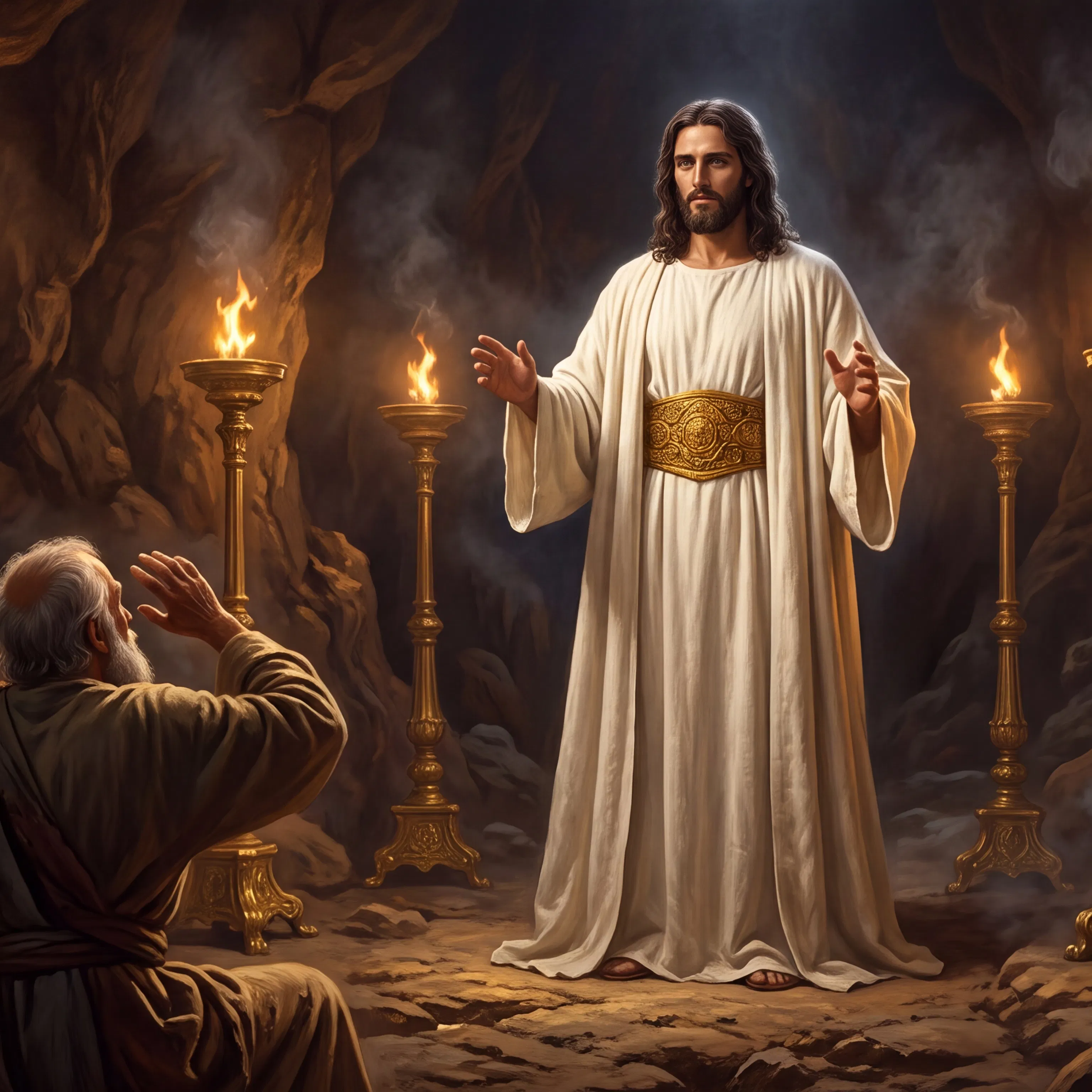 John Kneels Before Christ Among the Golden Lampstands