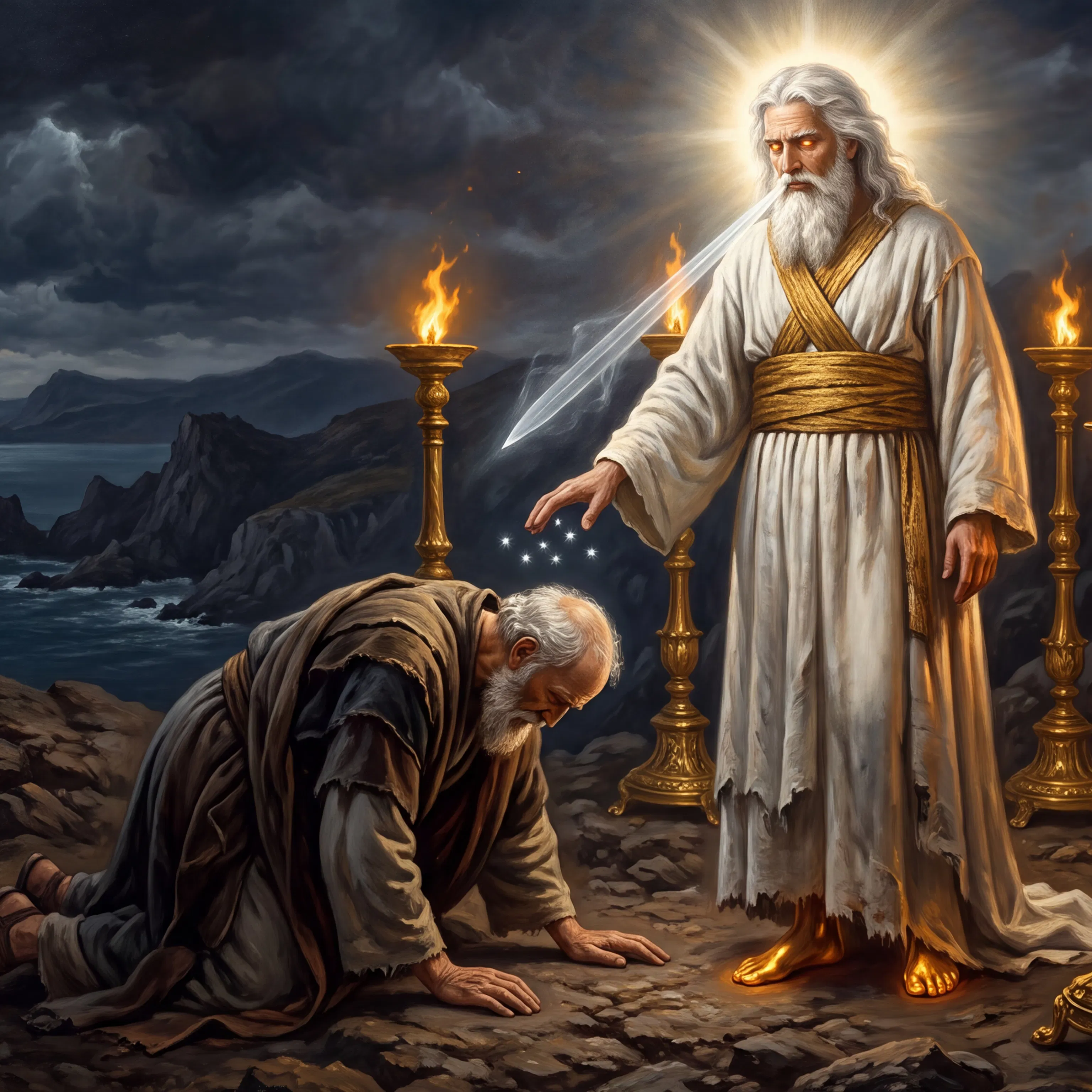 John Falls Before the Glorified Christ on Patmos