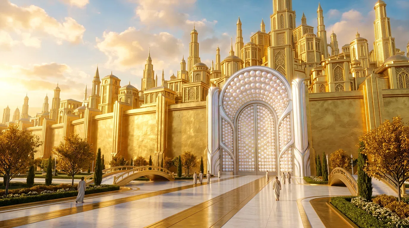 Golden City Wall and Pearl Gate With Walking Saints
