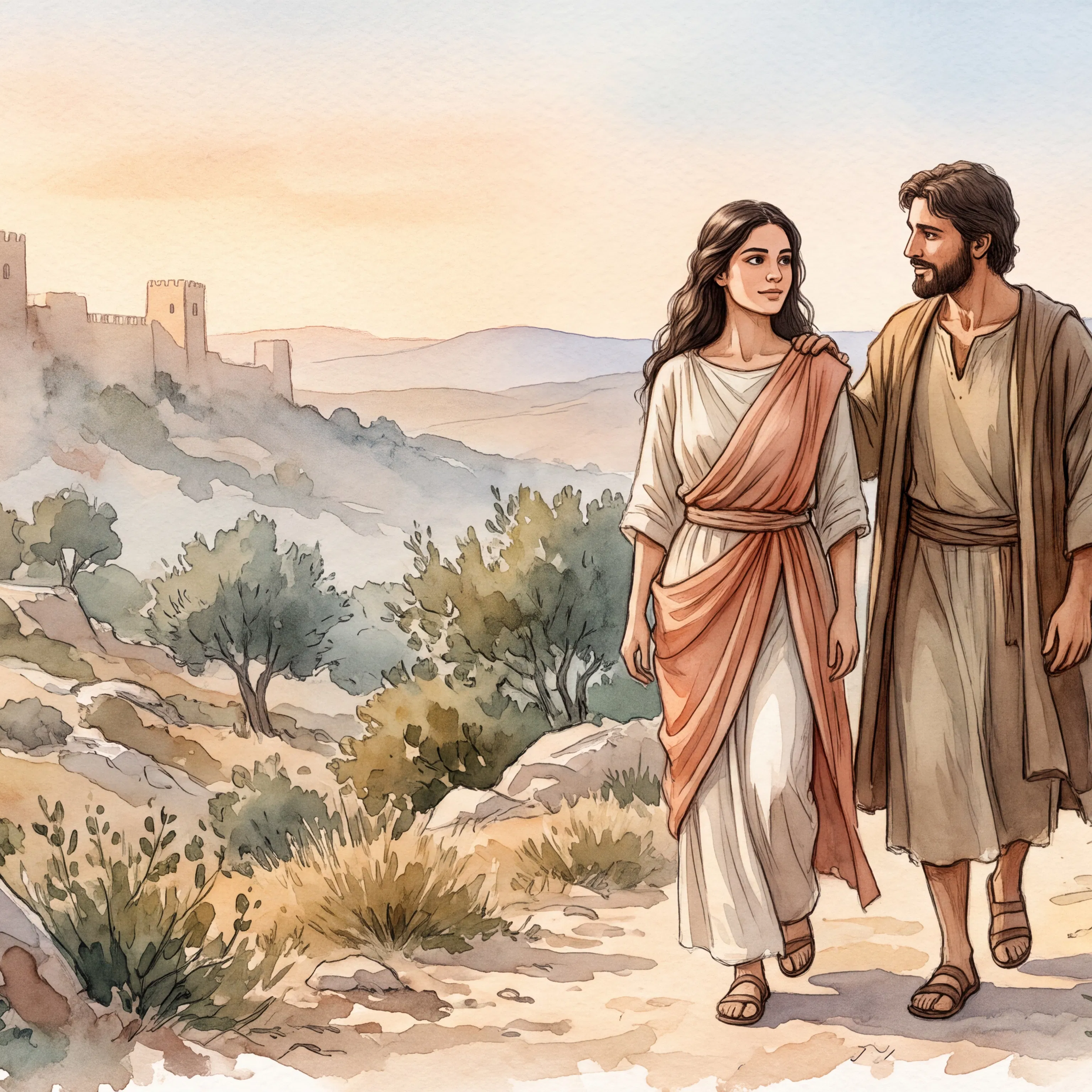 Young Couple Walking Past Olive Trees Near Walled City