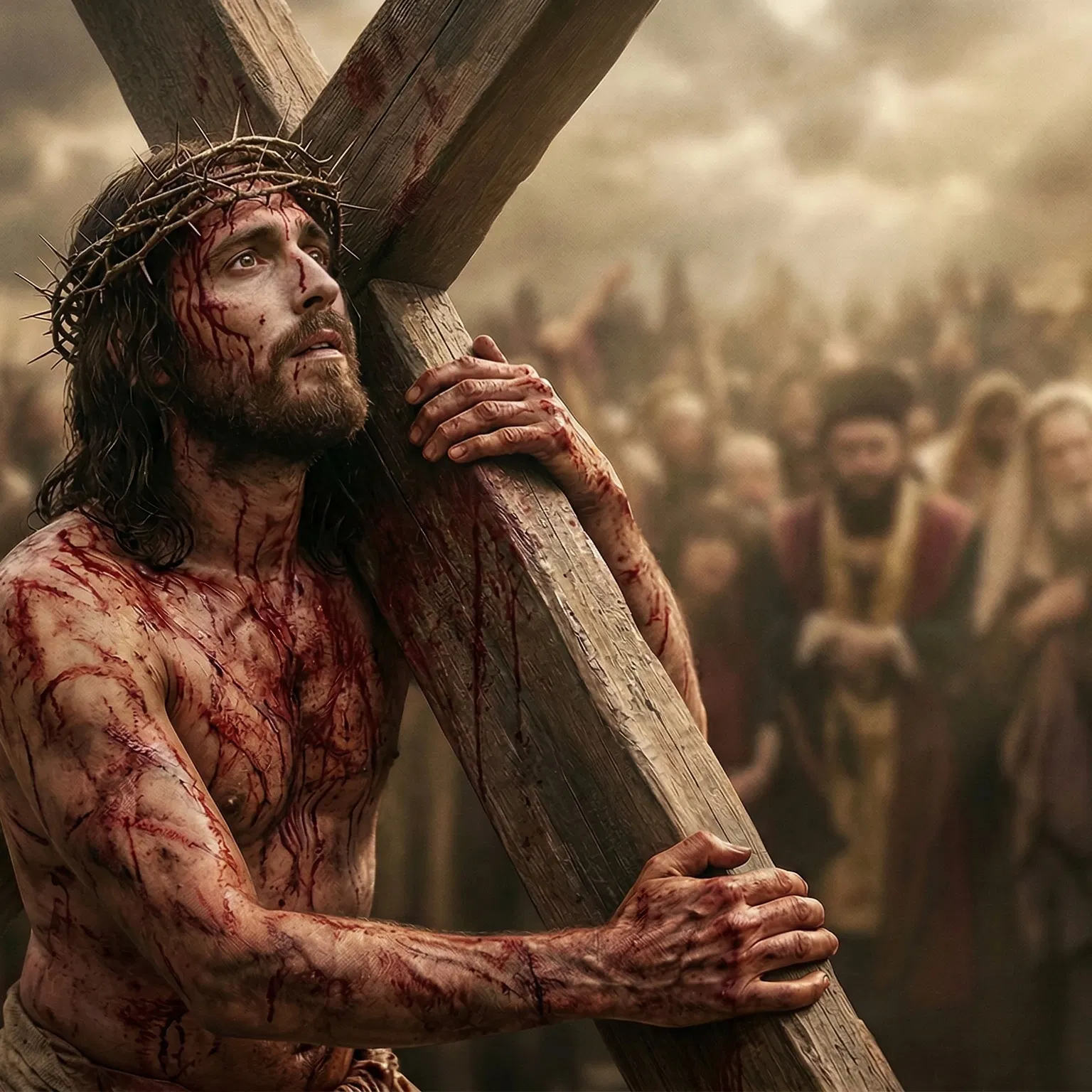 Jesus Carries the Cross Through the Crowd