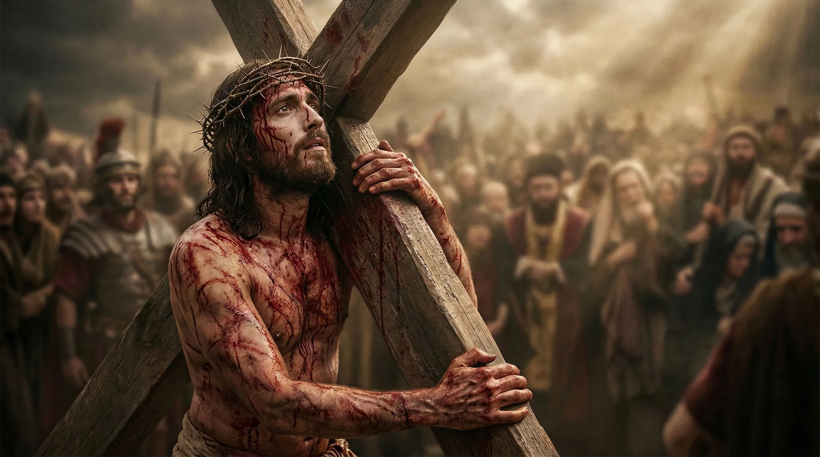 Jesus Carries the Cross Through the Crowd