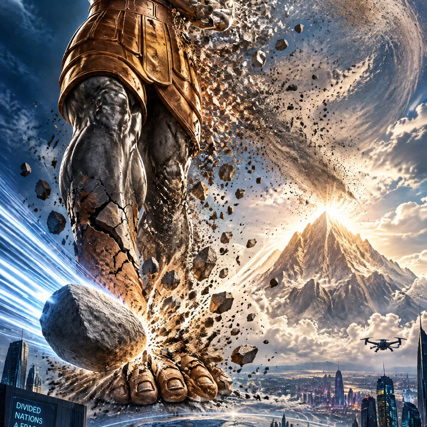 Nebuchadnezzar's Statue Crushed by the Stone in a Modern City