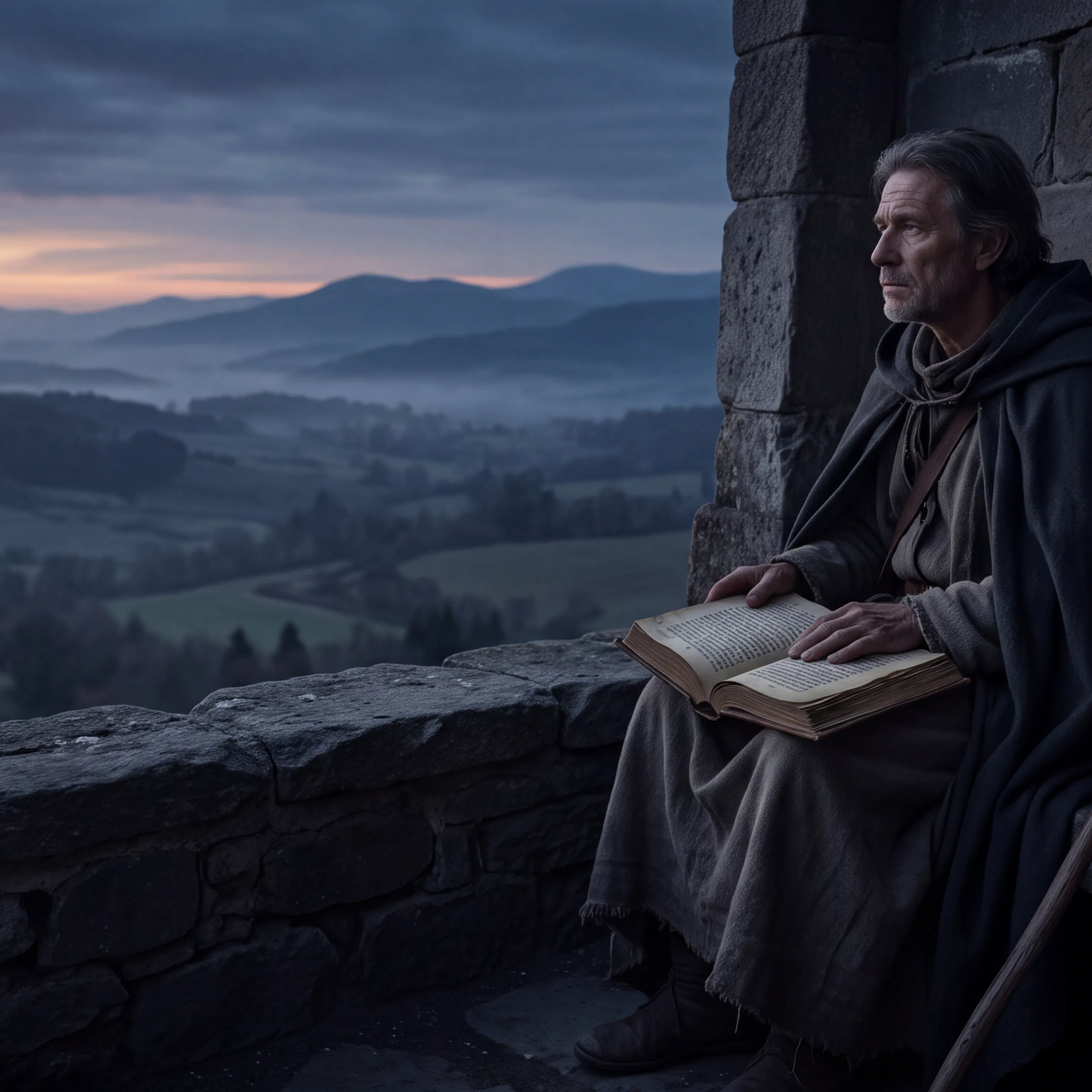 Hooded Man Reading Beside Misty Valley at Dawn