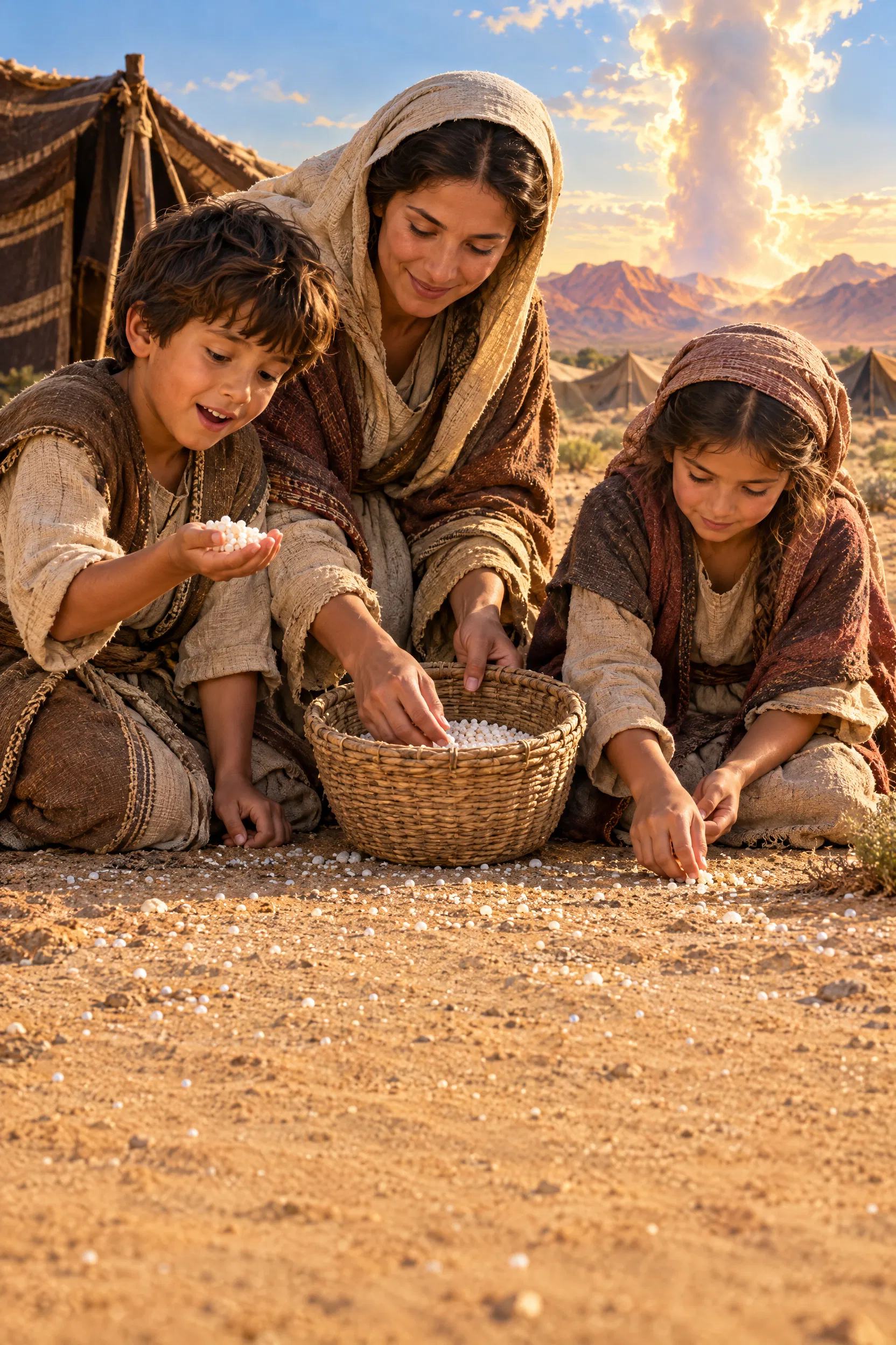 Israelite Family Gathers Manna in the Wilderness