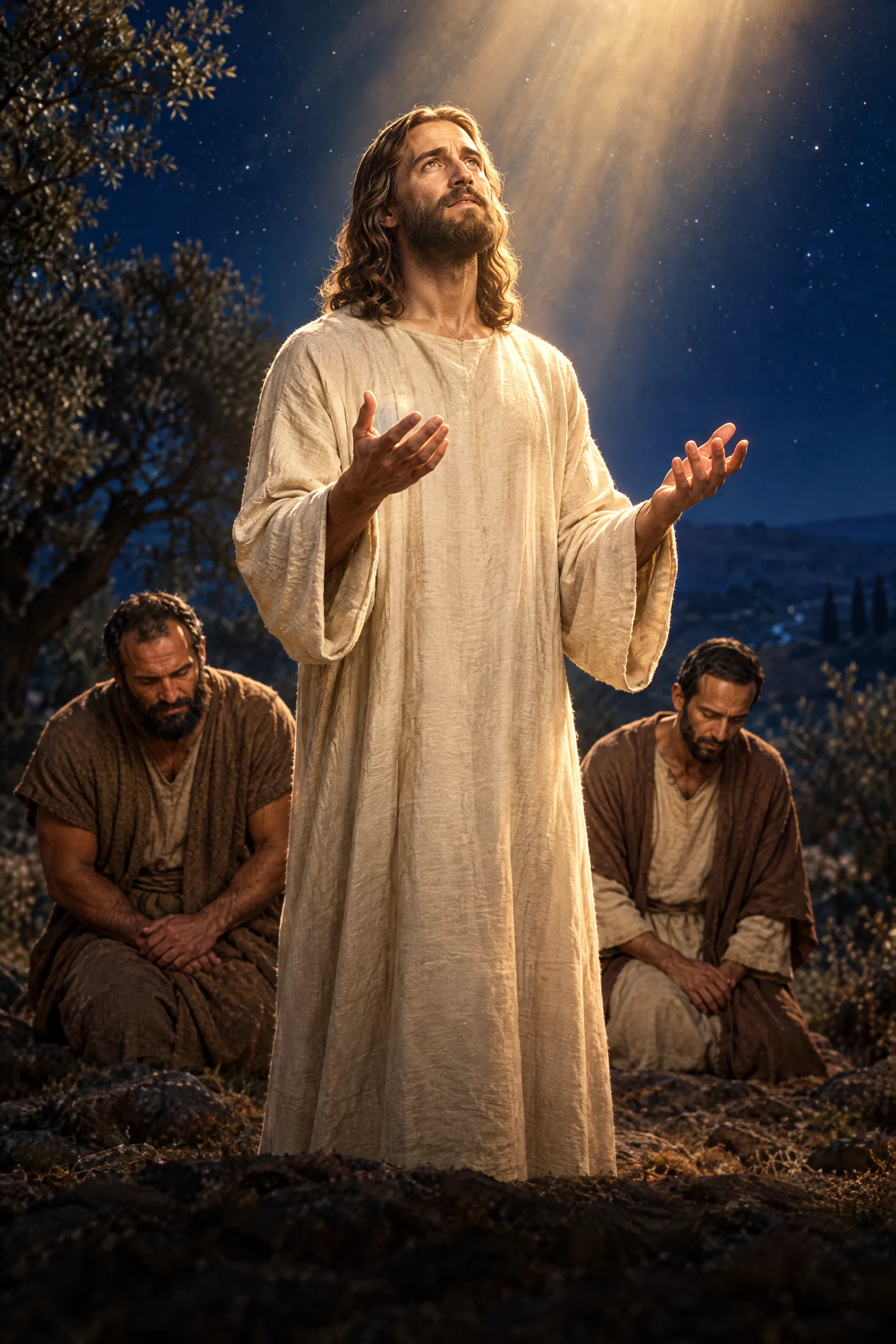 Jesus Prays With Two Disciples Kneeling Behind