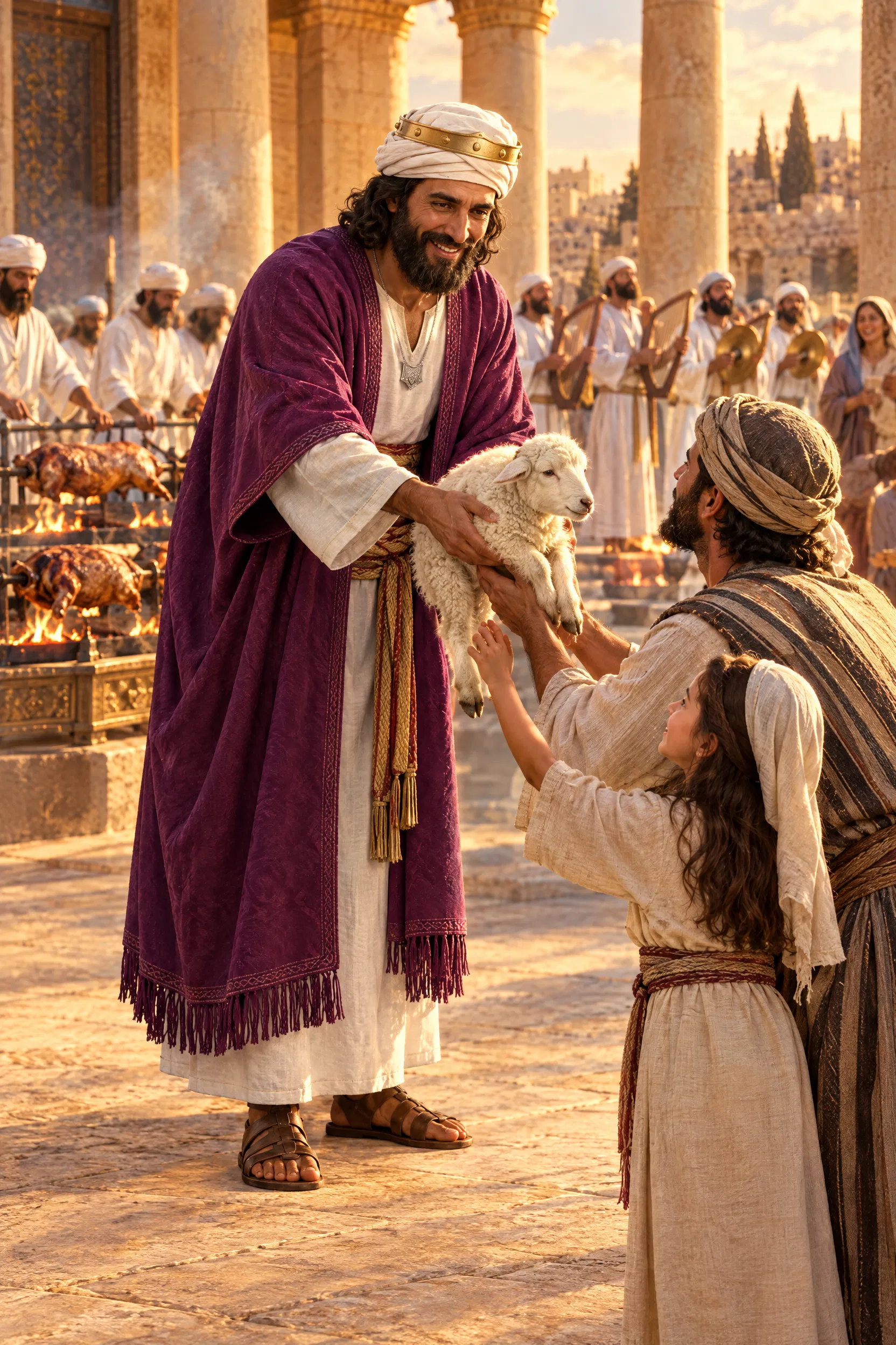 Josiah Hands a Lamb to a Family at the Passover
