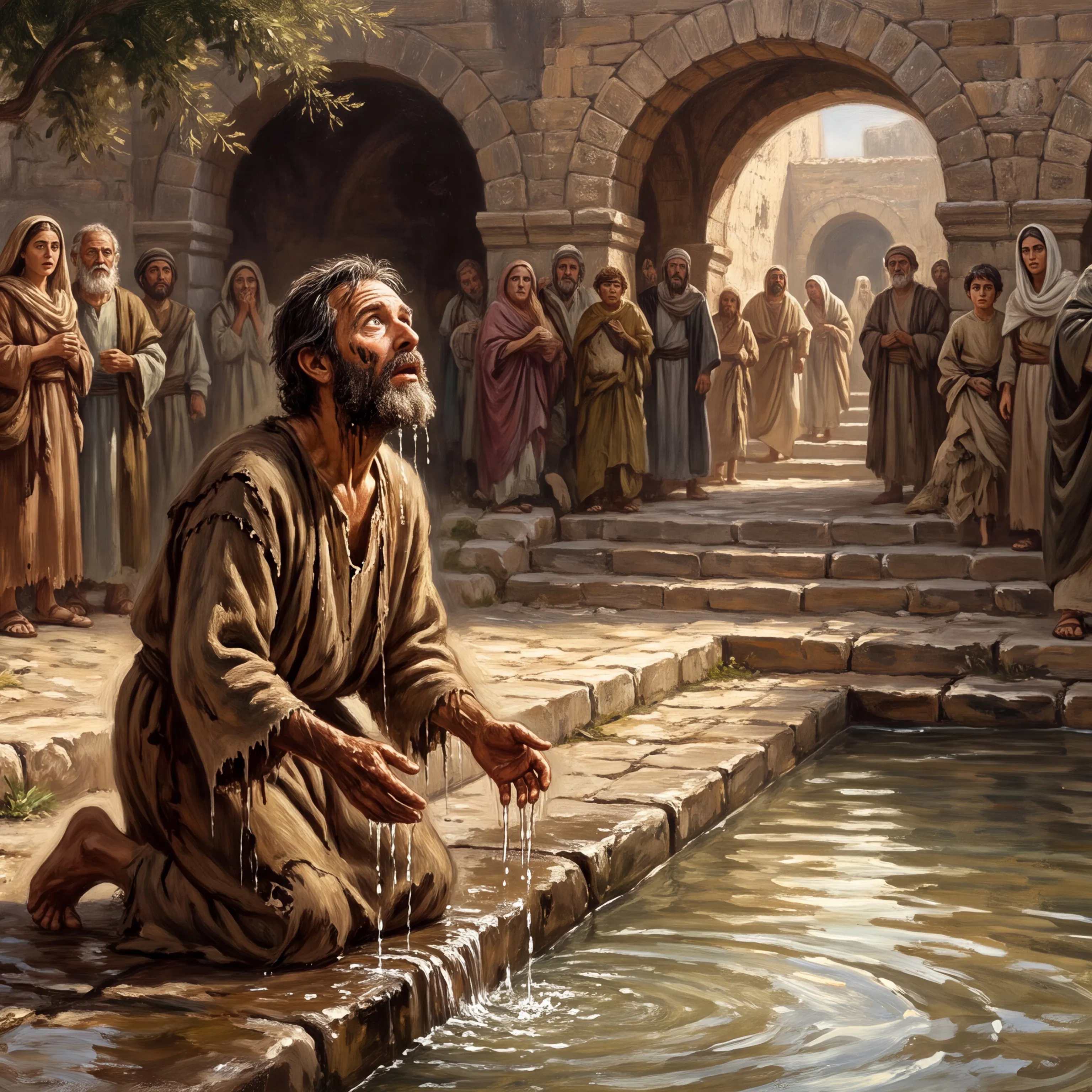 Man Healed of Blindness Kneels at the Pool of Siloam