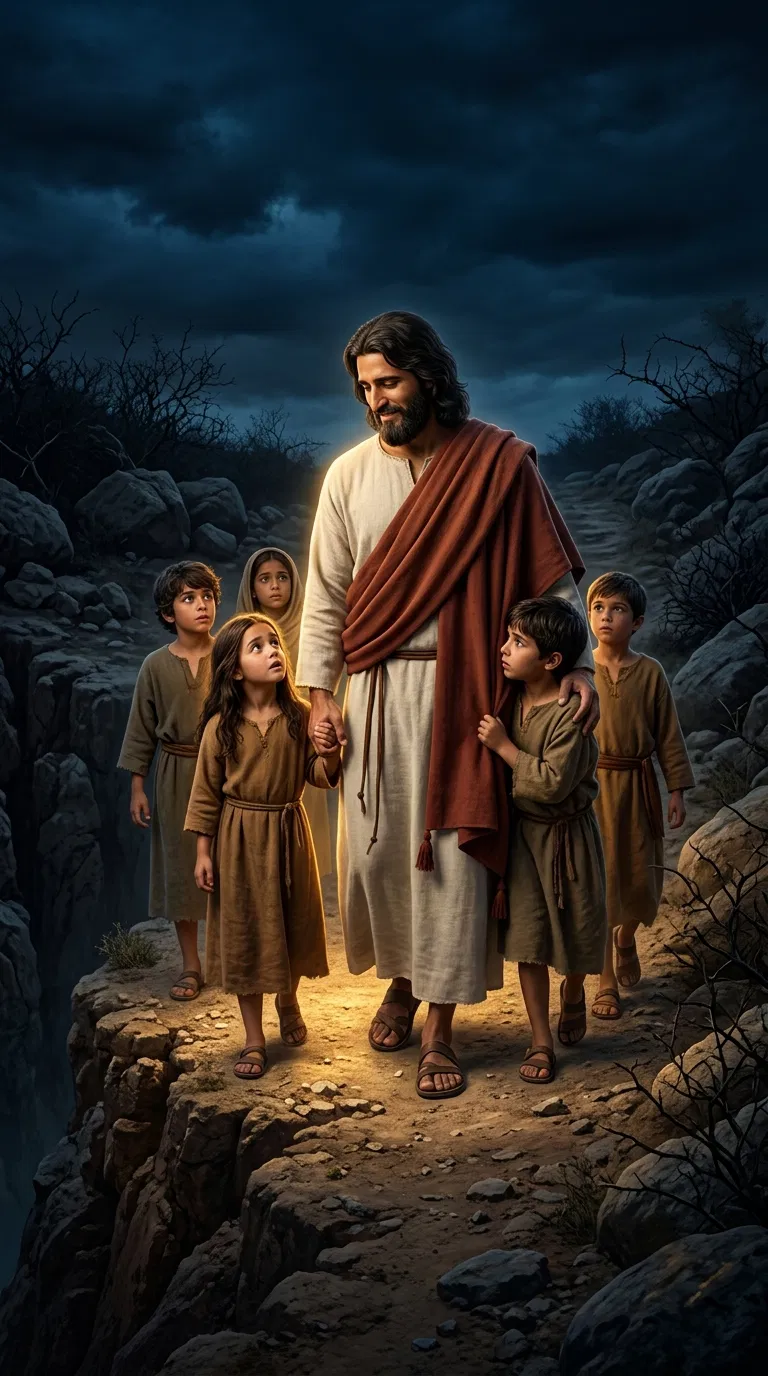 Jesus Leads Children Along a Dark Path