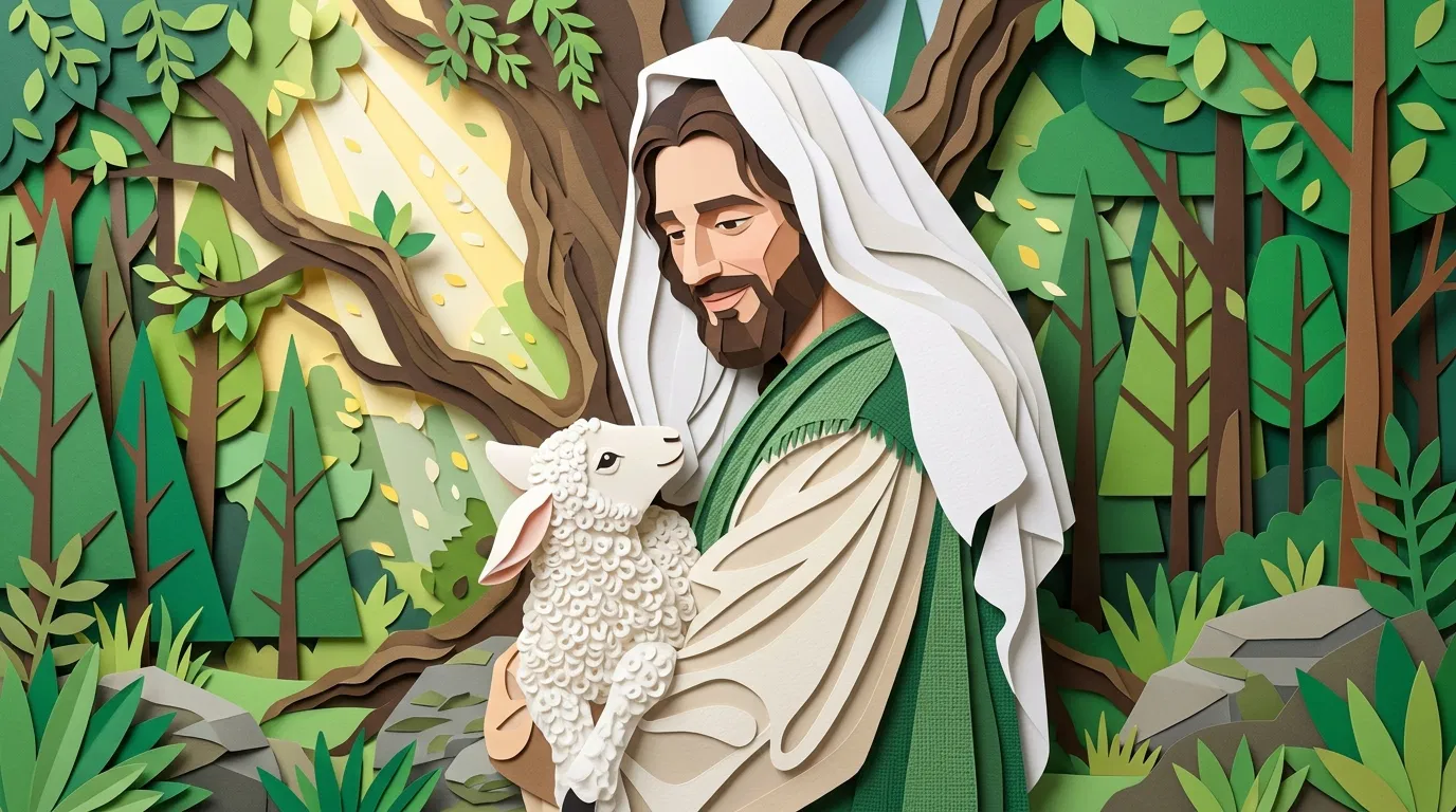 Jesus Holds a Lamb in a Paper-Cut Forest
