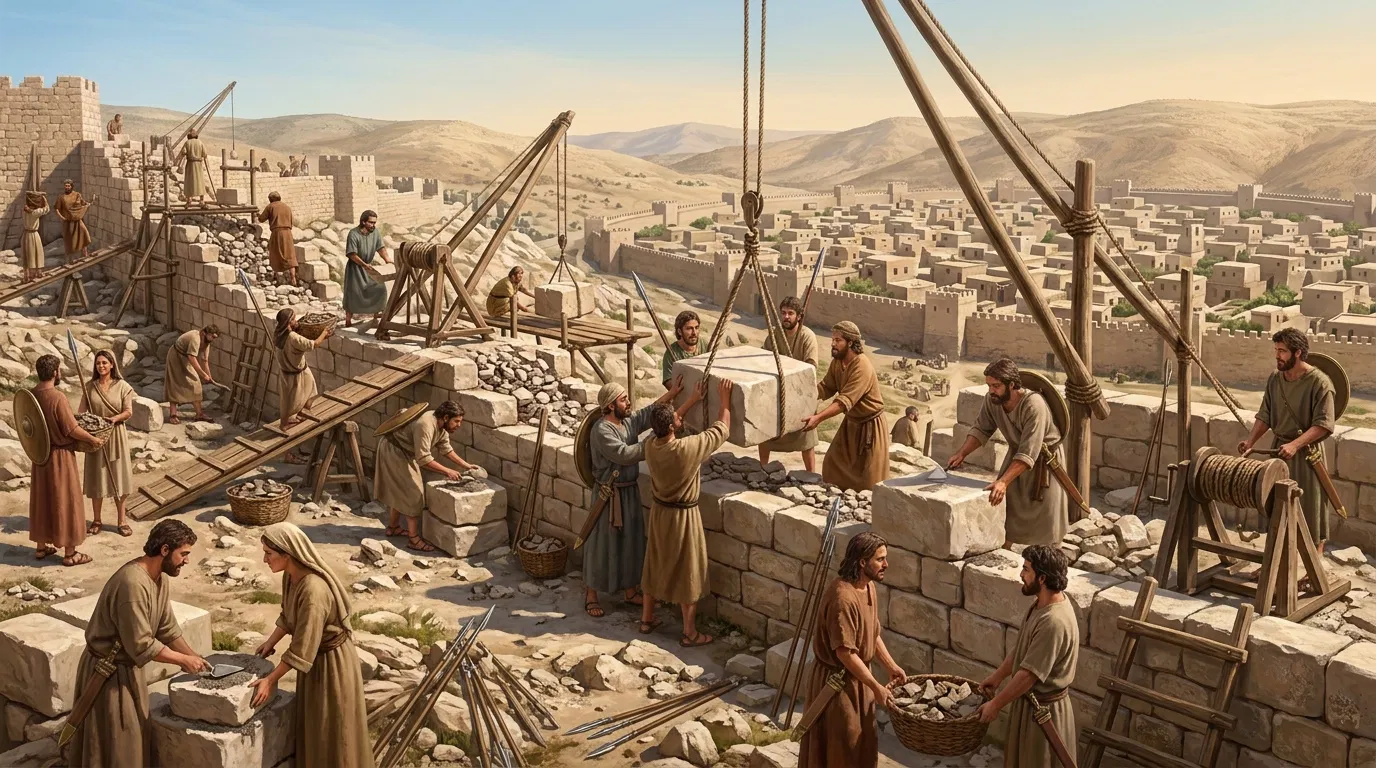 Builders Rebuild Jerusalem's Wall With Spears Ready