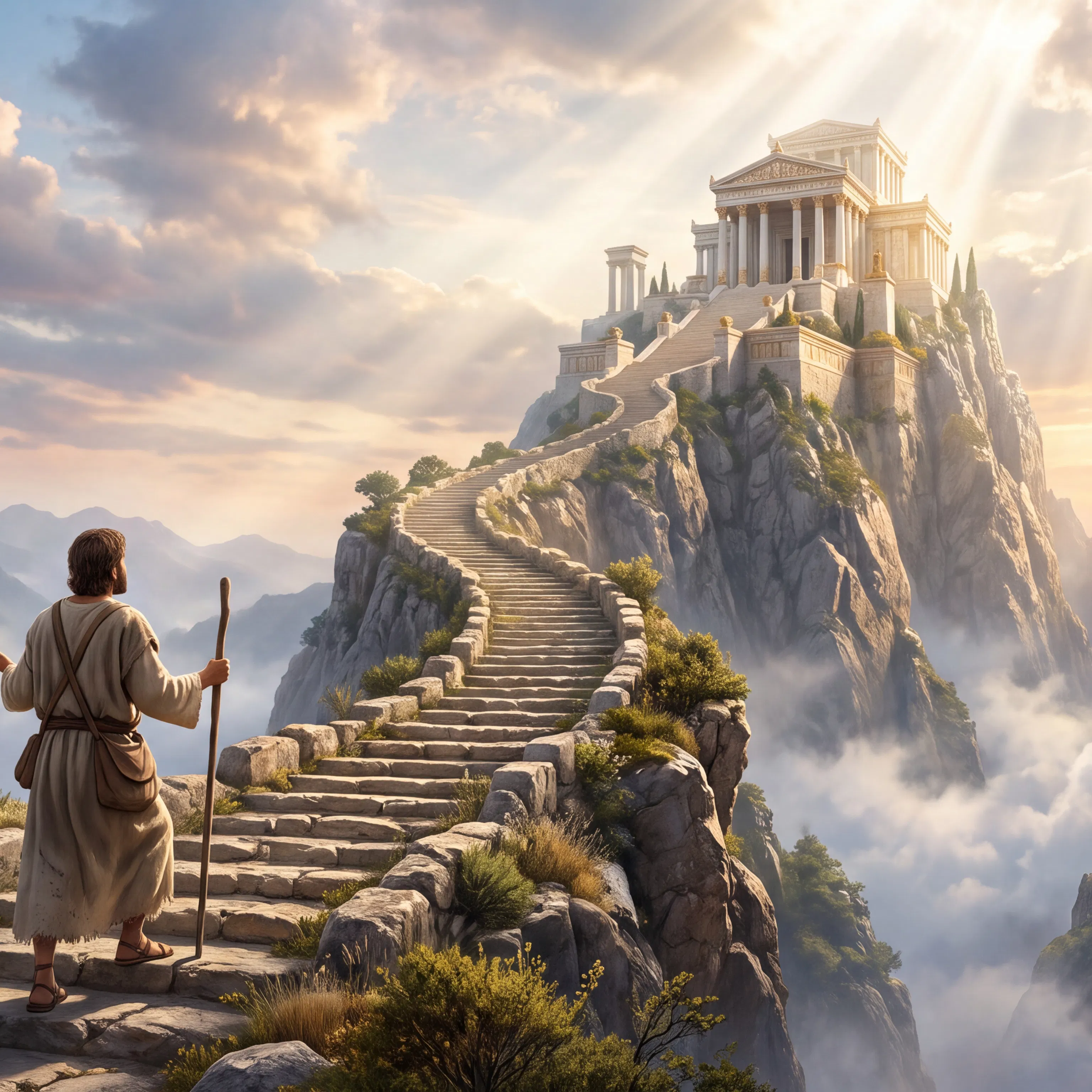 Traveler Climbs Stone Stairs Toward Temple on the Mountain