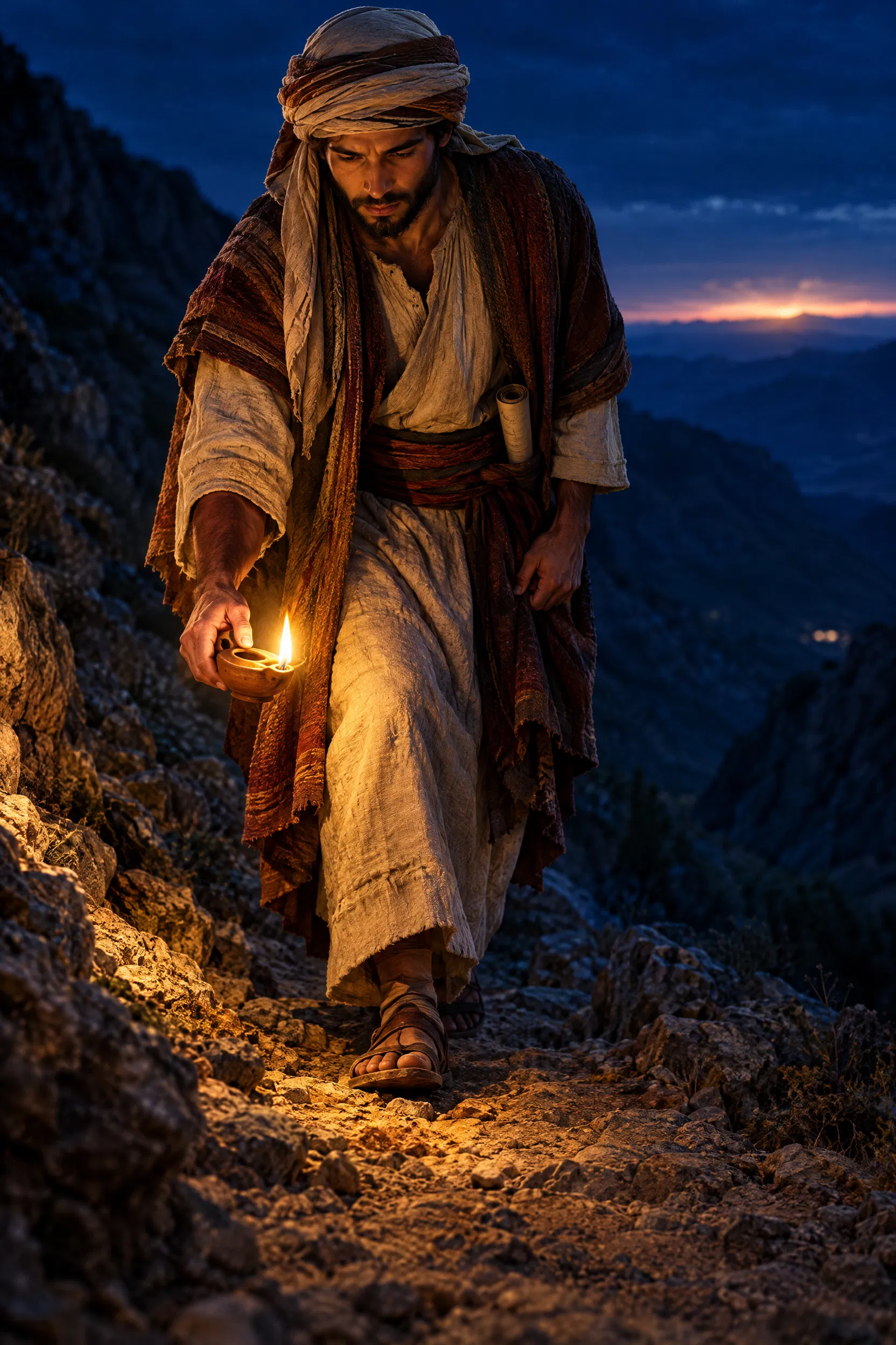 Young Man Walking by Lamplight With a Scroll