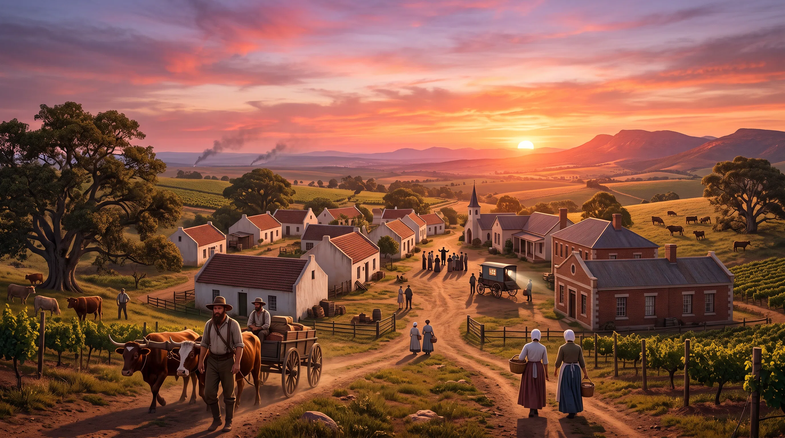 Village at Sunset with Ox Wagon and Vineyards