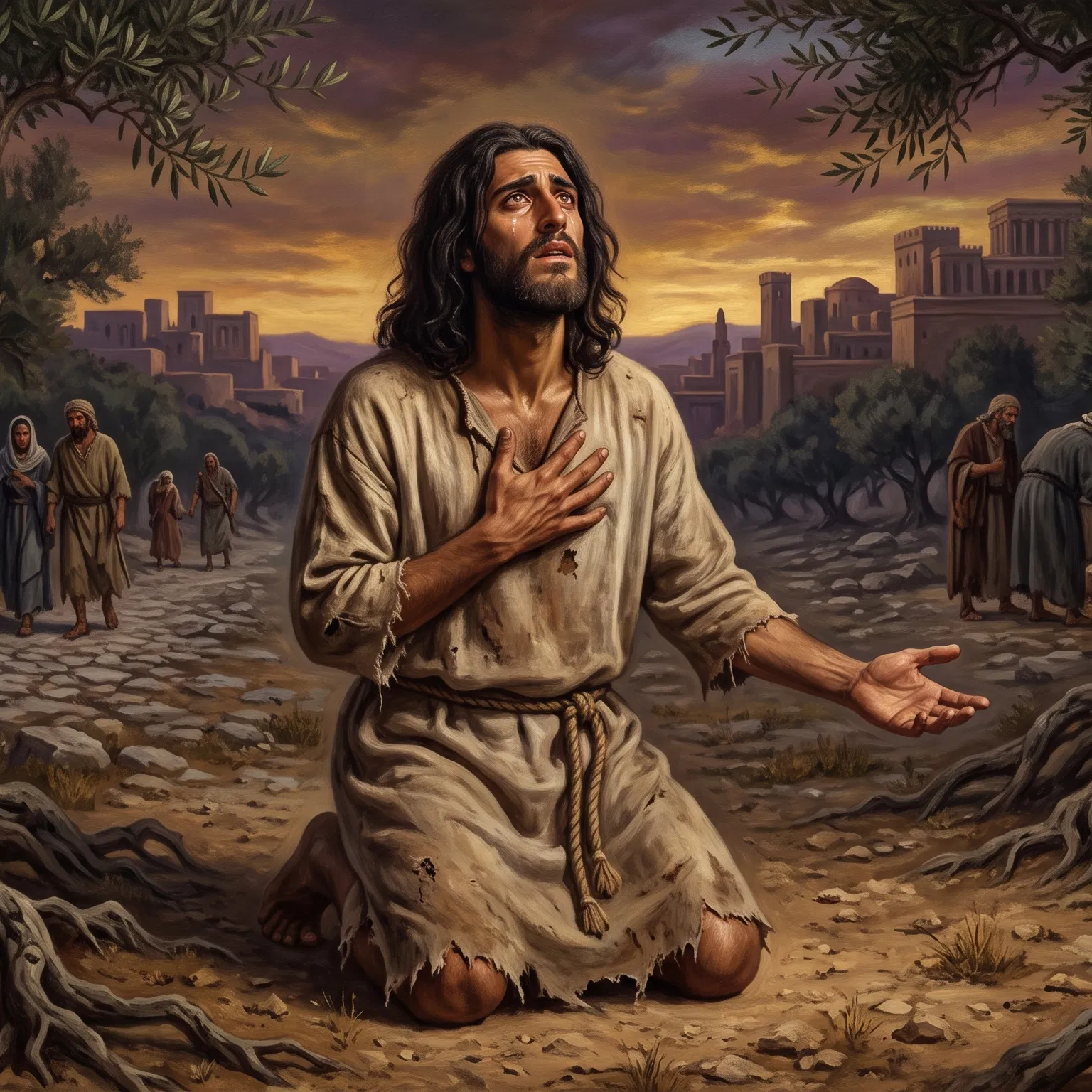 Prodigal Son Kneels Repenting on the Road